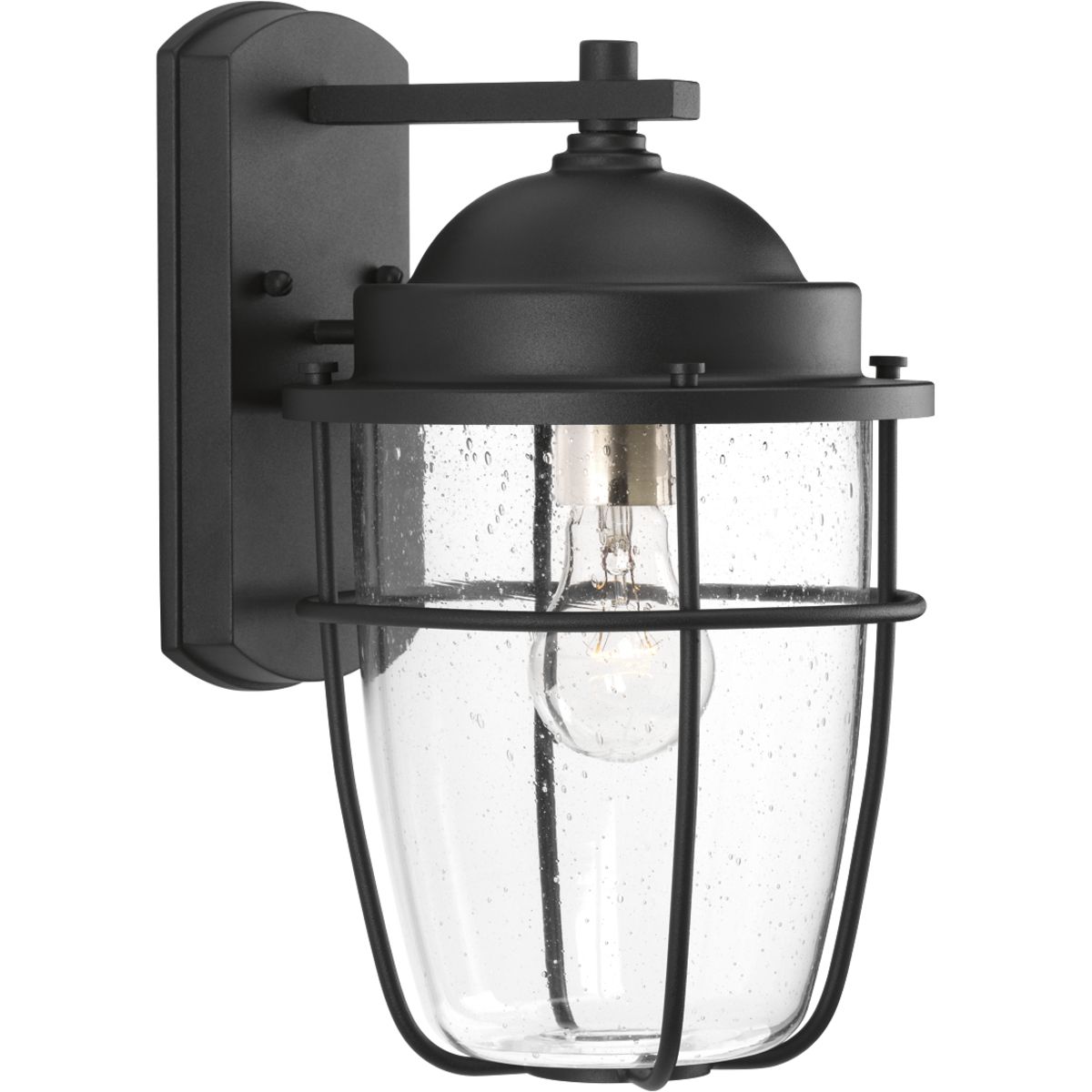 A nautical-inspired collection ideal for a variety of exteriors, including Coastal, Transitional and Urban Industrial settings. The one-light black medium wall lantern with clear seeded glass feature a hint of brushed nickel on the interior. Geometric details offer a finishing touch for wall, hanging and post lantern options.