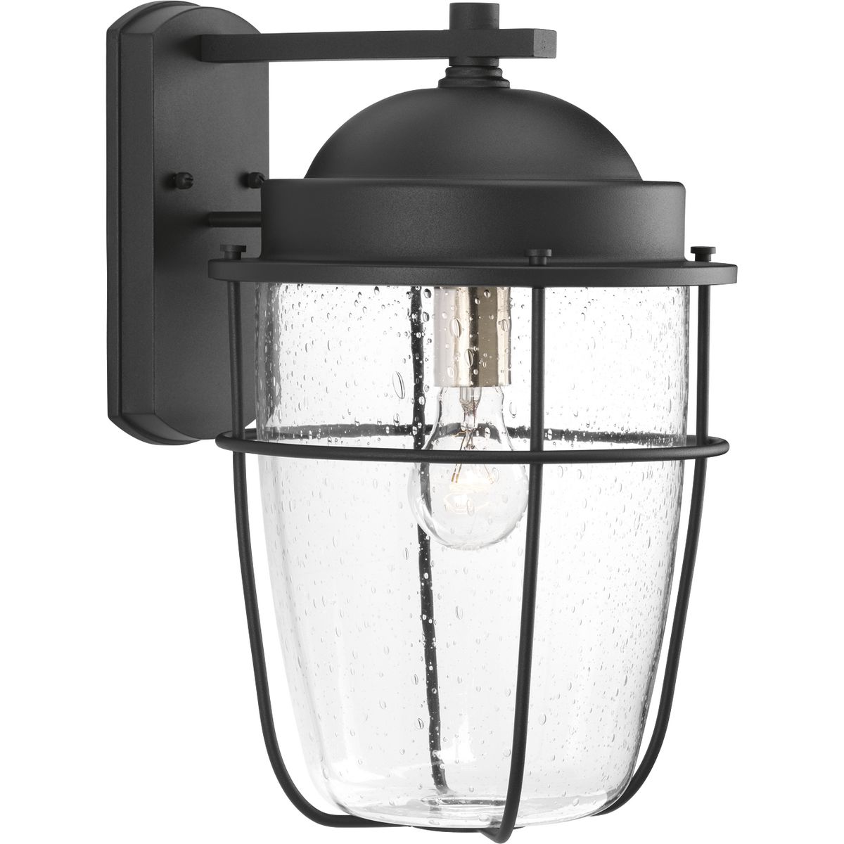 A nautical-inspired collection ideal for a variety of exteriors, including Coastal, Transitional and Urban Industrial settings. The one-light black large wall lantern with clear seeded glass feature a hint of brushed nickel on the interior. Geometric details offer a finishing touch for wall, hanging and post lantern options.