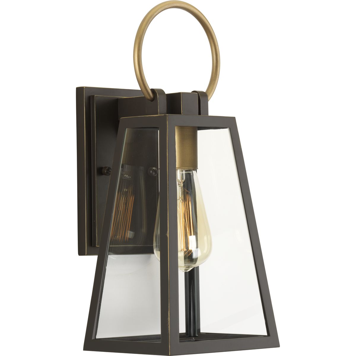 Barnett lanterns deliver timeless appeal with a decidedly modern flair. Large clear panes of glass frame your choice of traditional or vintage style bulbs. A graphic-inspired overscaled loop features a contrasting brass-tone finish. One-Light Small Wall Lantern.
