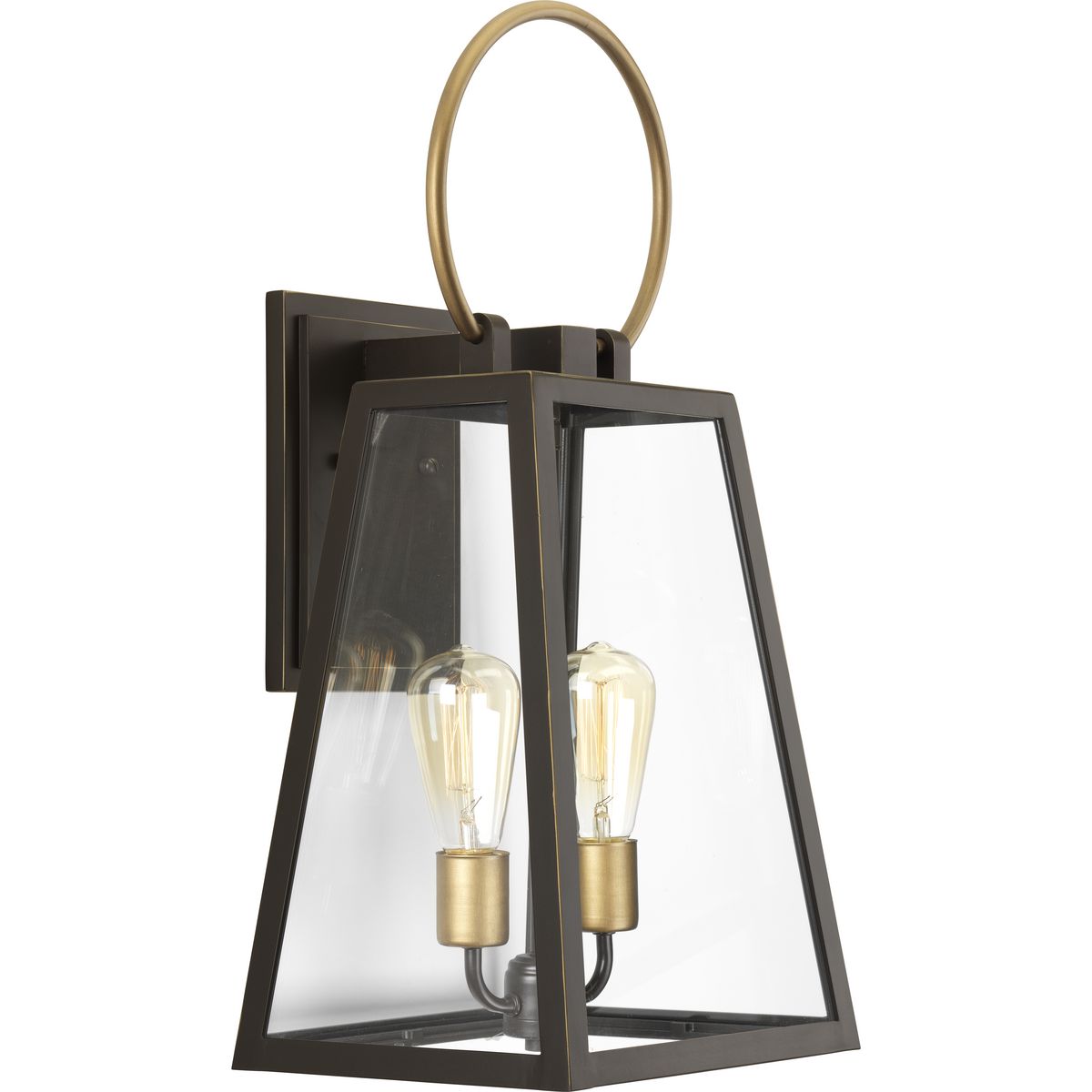Barnett lanterns deliver timeless appeal with a decidedly modern flair. Large clear panes of glass frame your choice of traditional or vintage style bulbs. A graphic-inspired overscaled loop features a contrasting brass-tone finish. Two-Light Large Wall Lantern.