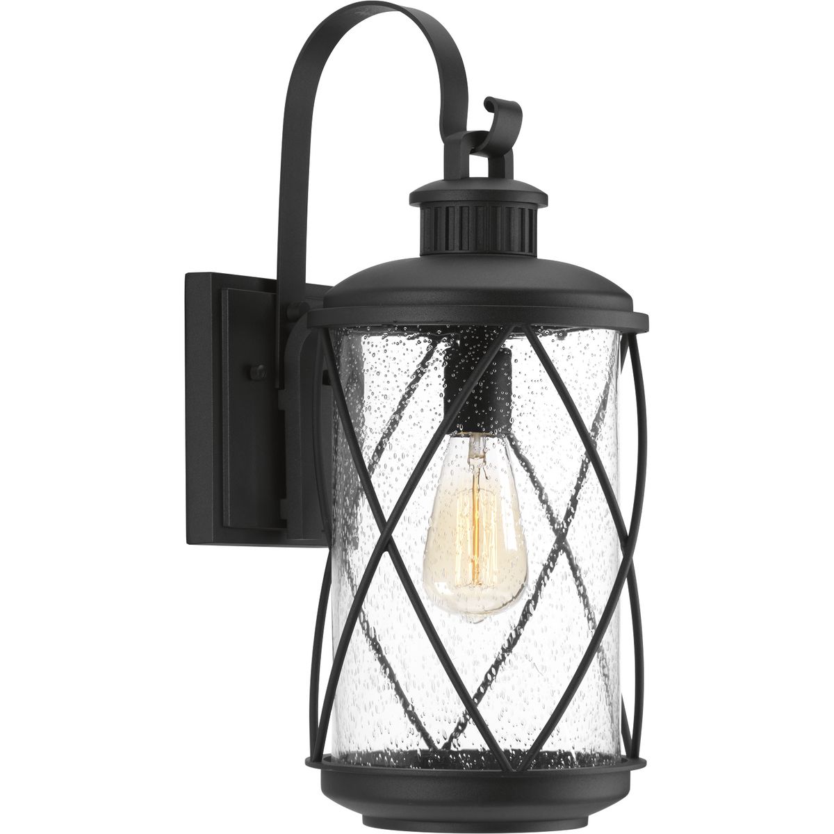 Hollingsworth medium wall lantern features a crisscross design that surrounds clear seeded glass, emulating popular farmhouse decor. Ideal for a variety of transitional exteriors when paired with either vintage or traditional bulbs. Includes wall, hanging and post options.