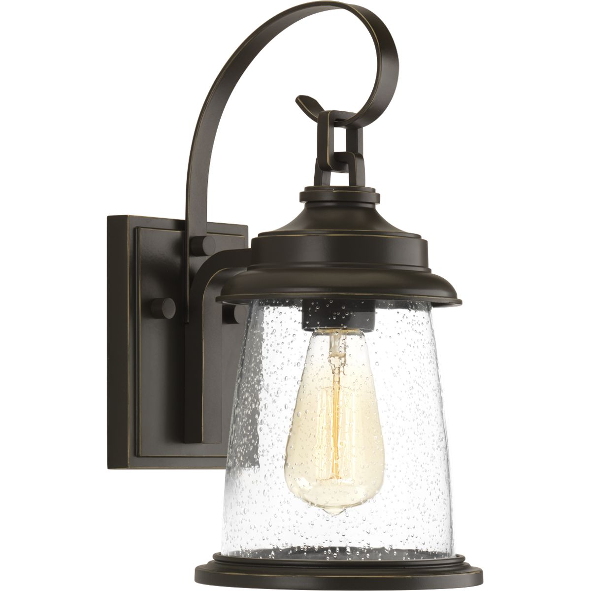 Conover is an outdoor lantern collection featuring nautical influences. A protective die cast ring surrounds beautiful clear seeded glass. Vintage metallic finishes are available for this collection that is sure to enhance curb appeal for a variety of exteriors. Small wall lantern in a Antique Bronze finish.