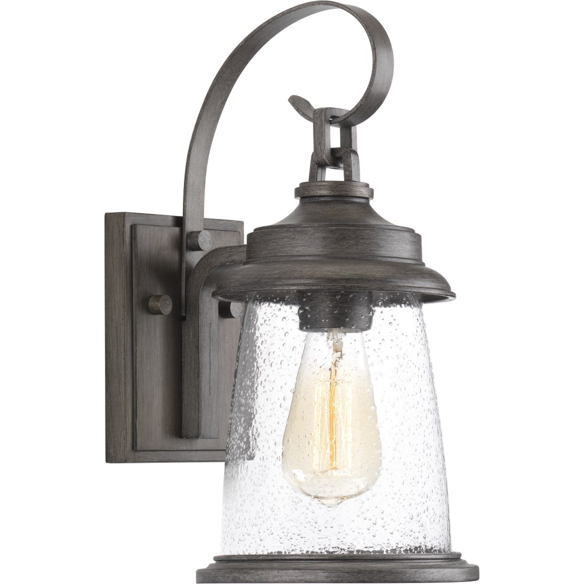Conover is an outdoor lantern collection featuring nautical influences. A protective die cast ring surrounds beautiful clear seeded glass. Vintage metallic finishes are available for this collection that is sure to enhance curb appeal for a variety of exteriors. Small wall lantern in a Antique Pewter finish.