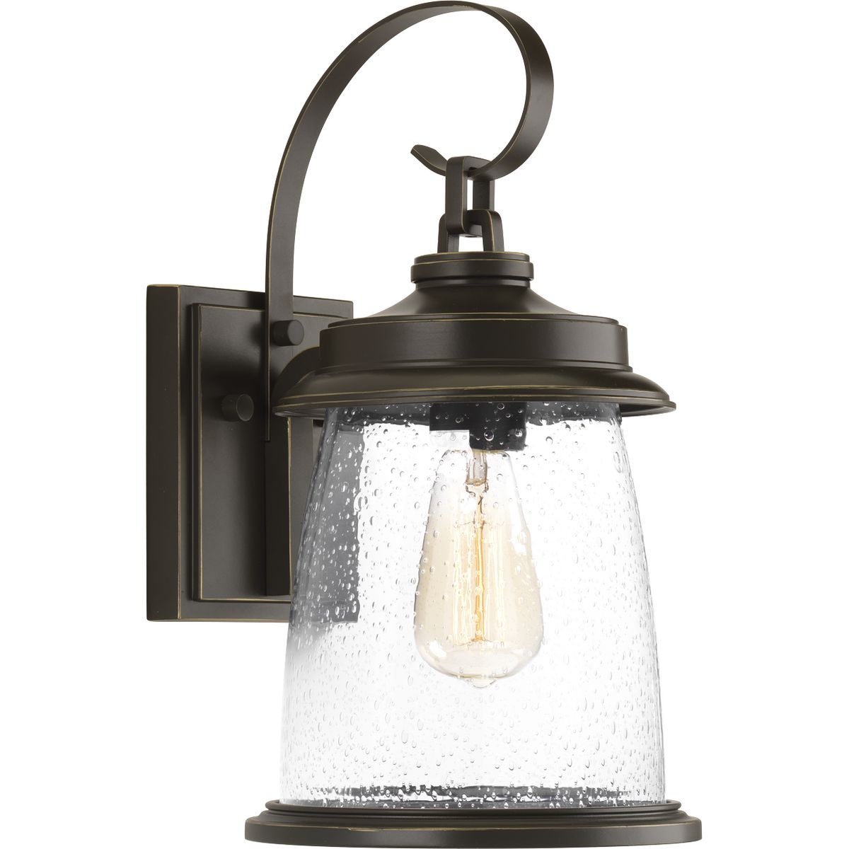 Conover is an outdoor lantern collection featuring nautical influences. A protective die cast ring surrounds beautiful clear seeded glass. Vintage metallic finishes are available for this collection that is sure to enhance curb appeal for a variety of exteriors. Medium wall lantern in a Antique Bronze finish.
