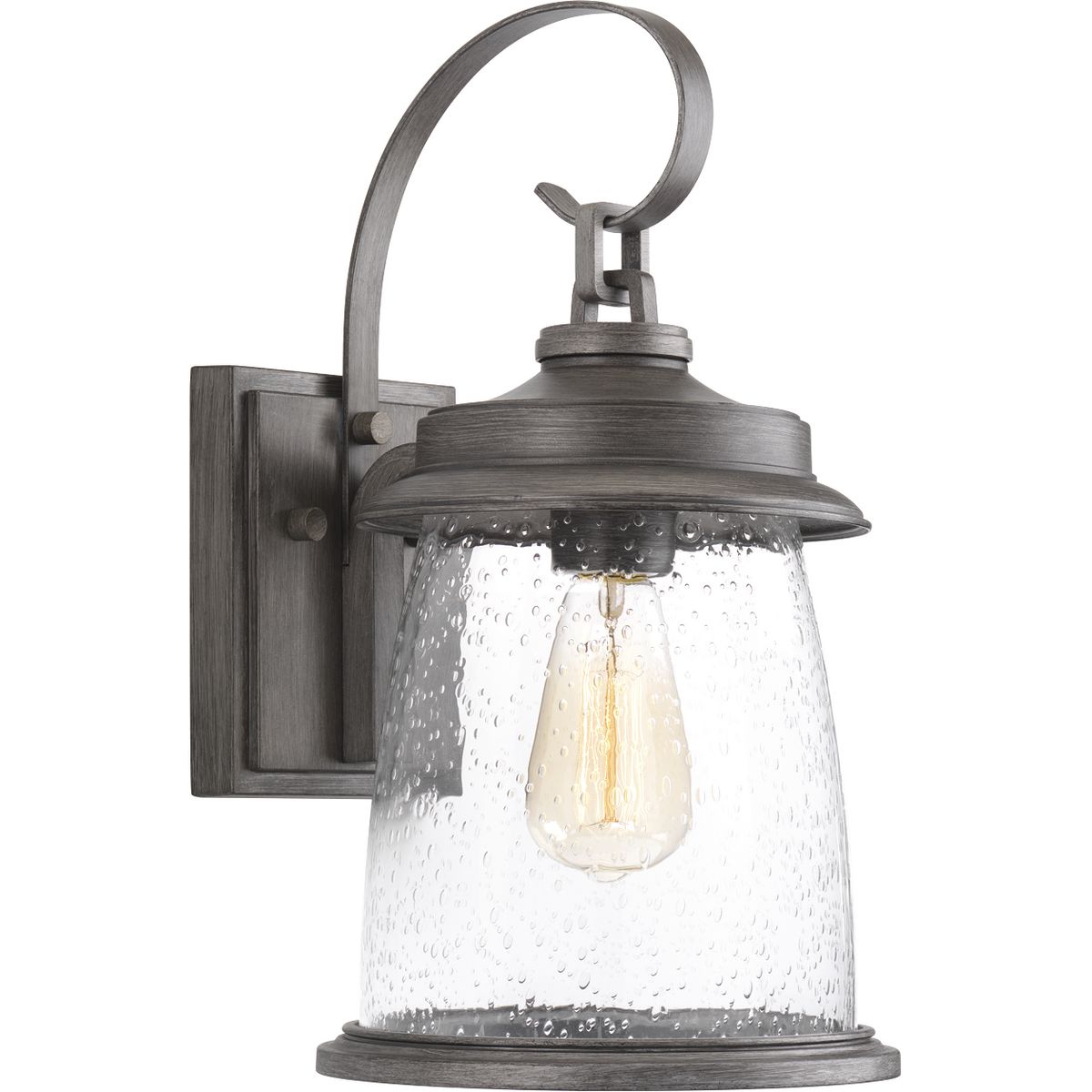 Conover is an outdoor lantern collection featuring nautical influences. A protective die cast ring surrounds beautiful clear seeded glass. Vintage metallic finishes are available for this collection that is sure to enhance curb appeal for a variety of exteriors. Medium wall lantern in a Antique Pewter finish.