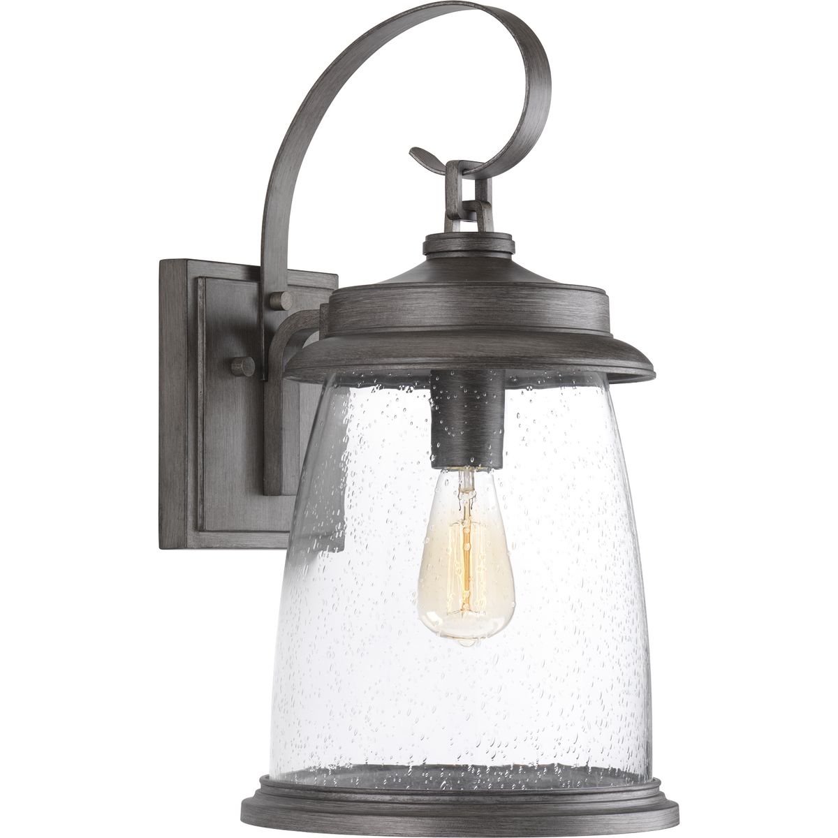 Conover is an outdoor lantern collection featuring nautical influences. A protective die cast ring surrounds beautiful clear seeded glass. Vintage metallic finishes are available for this collection that is sure to enhance curb appeal for a variety of exteriors. Large wall lantern in a Antique Pewter finish.