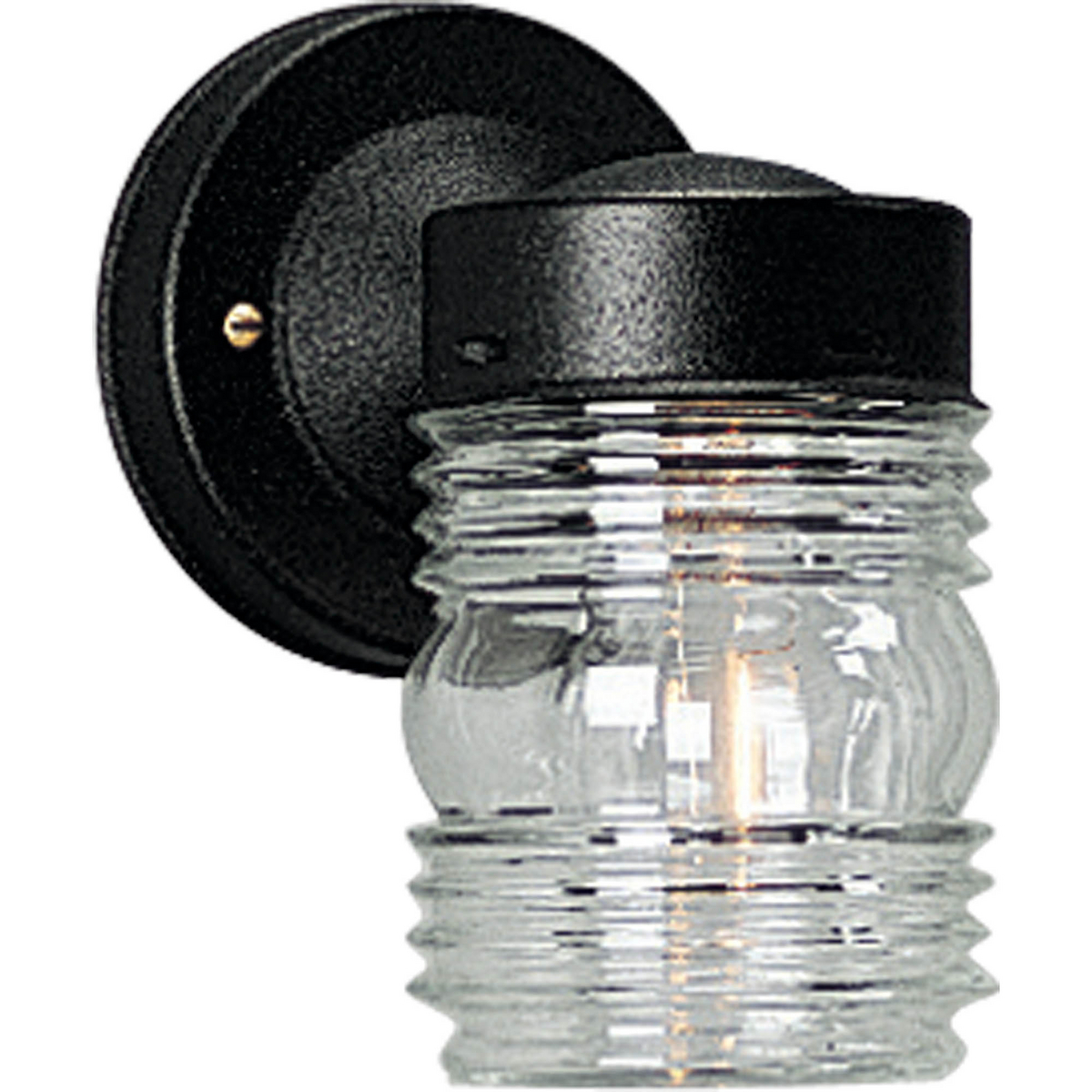 An outdoor  injelly jar in utility wall lantern featuring a black powder-coated finish and clear marine glass. The fixture is wet location listed and ideal for outdoor spaces. The glass shape is a reminder of the old-fashioned jelly jars.