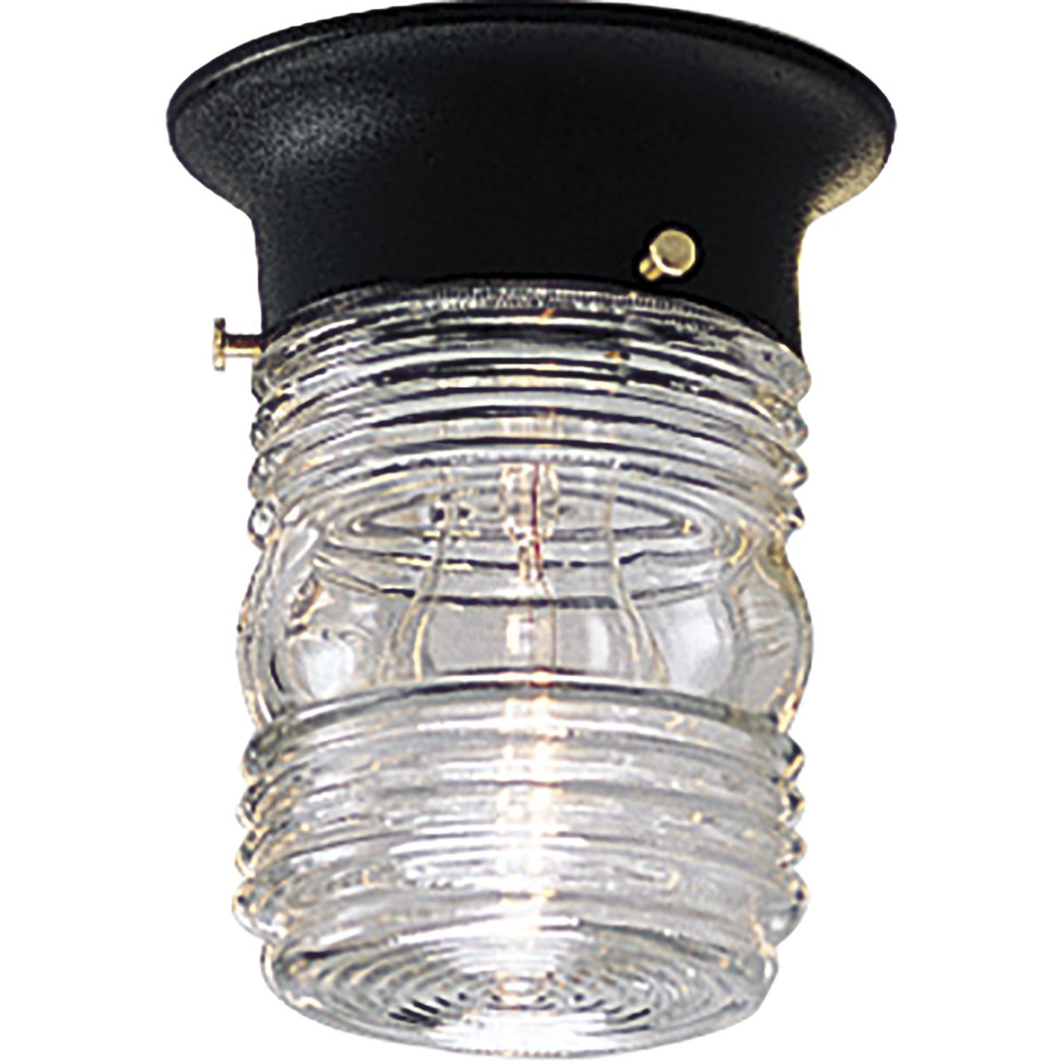An outdoor  injelly jar in utility flush mount featuring a black powder-coated finish and clear marine glass. The fixture is wet location listed and ideal for outdoor spaces. The glass shape is a reminder of the old-fashioned jelly jars.