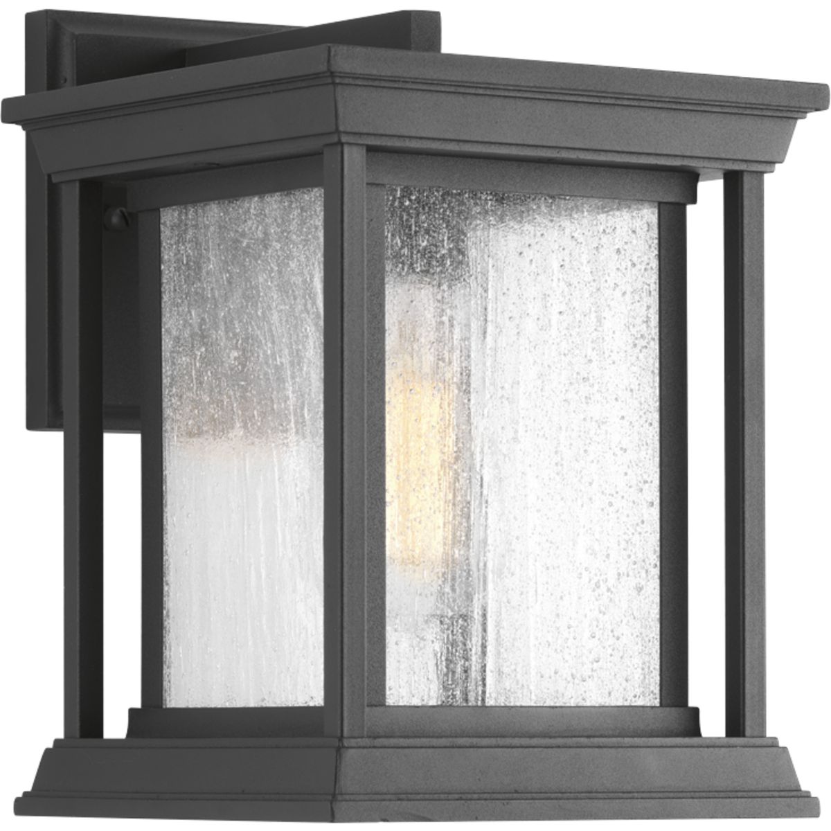 One-Light small wall lantern with a Craftsman-inspired silhouette, Endicott offers visual interest to your home's exterior. The elongated frame is finished with clear seeded glass.