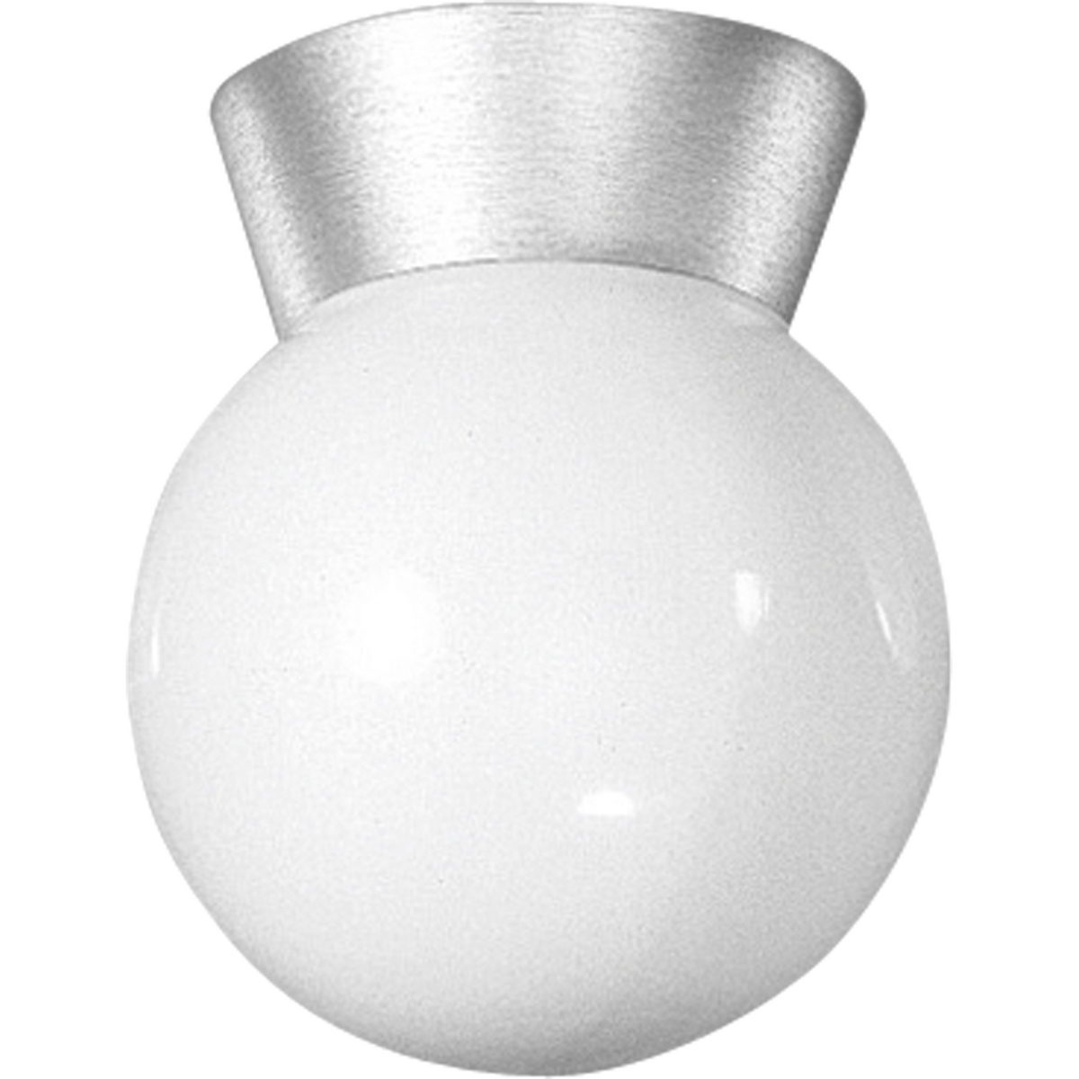 Ceiling fixture with threaded opal glass shades that screw onto fitter. Vapor-proof gaskets and porcelain sockets. 6 inch glass globe.