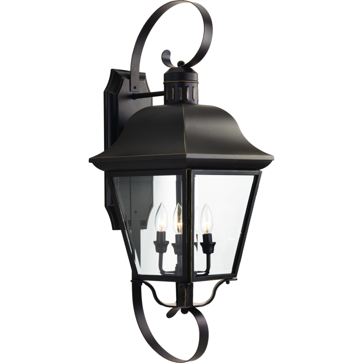 The Andover collection four-light extra-large wall lantern with aluminum construction, offers a mixture of traditional and country style for a variety of applications. Beveled glass panels allow optimum brightness. Hinged door for easy relamping.