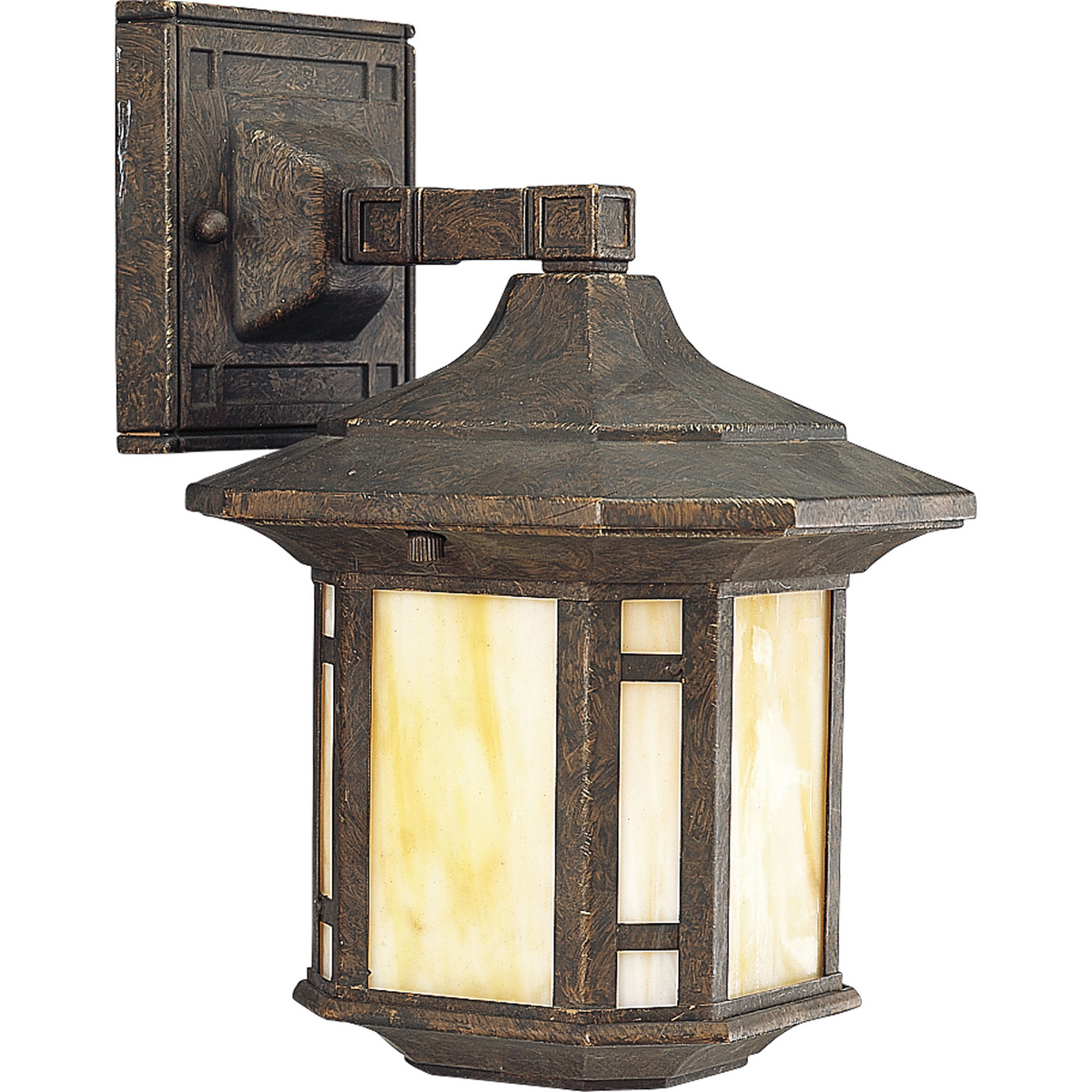 One-light 6-3/4 inch wall lantern with Honey Art glass and mica accent panels. The craftsman styling of this fixture is perfect for many exteriors.