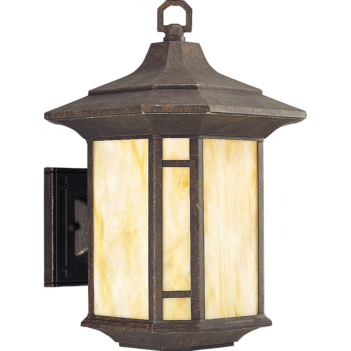 One-light 10 inch wall lantern with Honey Art glass and mica accent panels. The craftsman styling of this fixture is perfect for many exteriors.