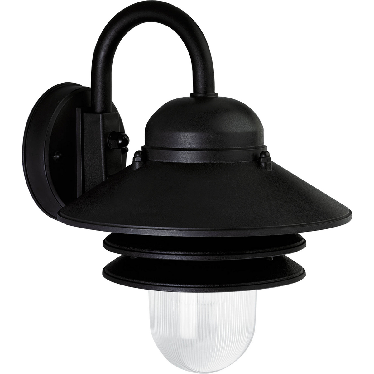 Single-light plastic outdoor wall lantern with clear prismatic acrylic diffuser and a textured Black finish.