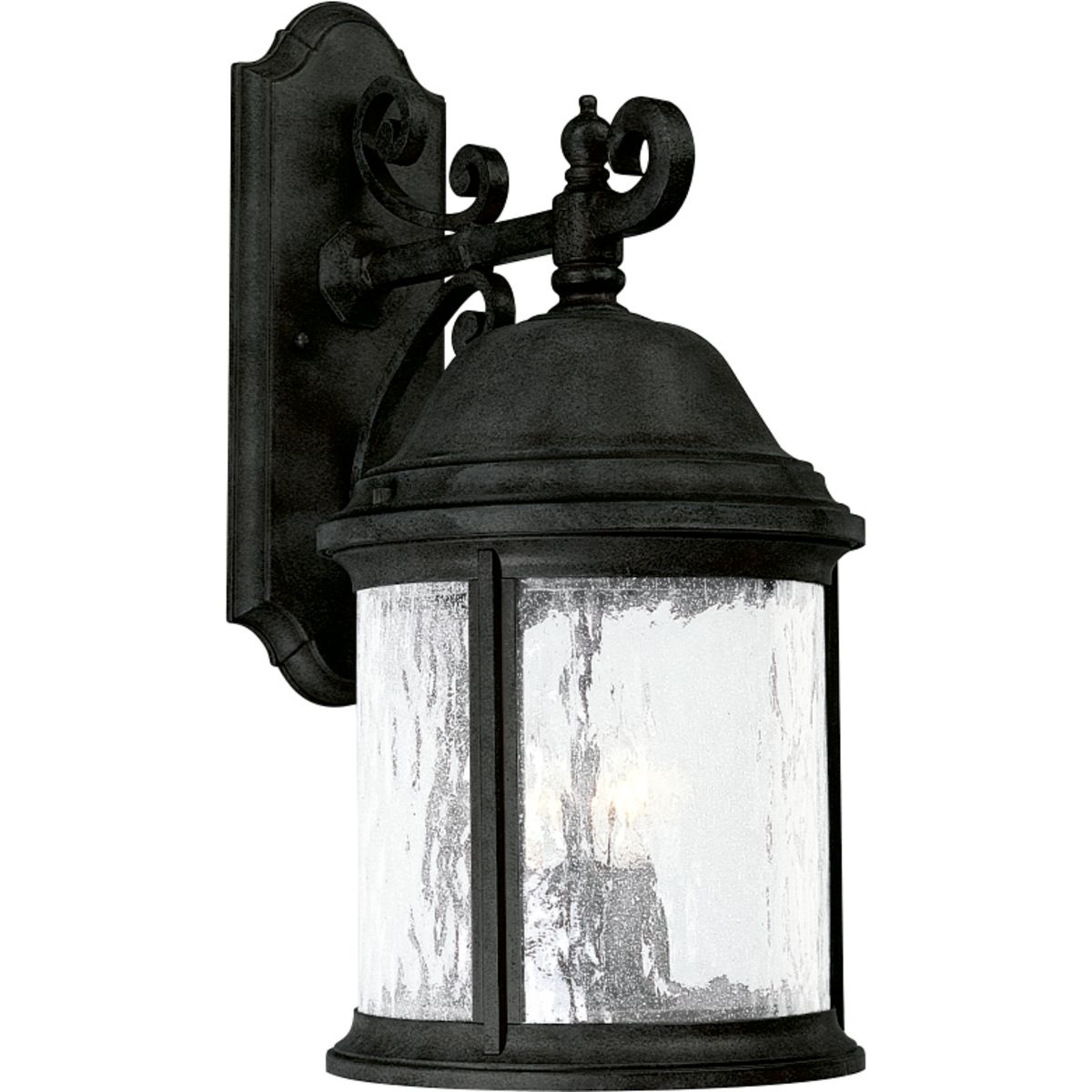 Inspired by lanterns from the Old World, the Ashmore collection incorporates handsome details, quill-scrolled arms and decorative finials. The water seeded glass is in a die-cast aluminum frame. Three-light 9-5/8 in wall lantern in a Black finish.