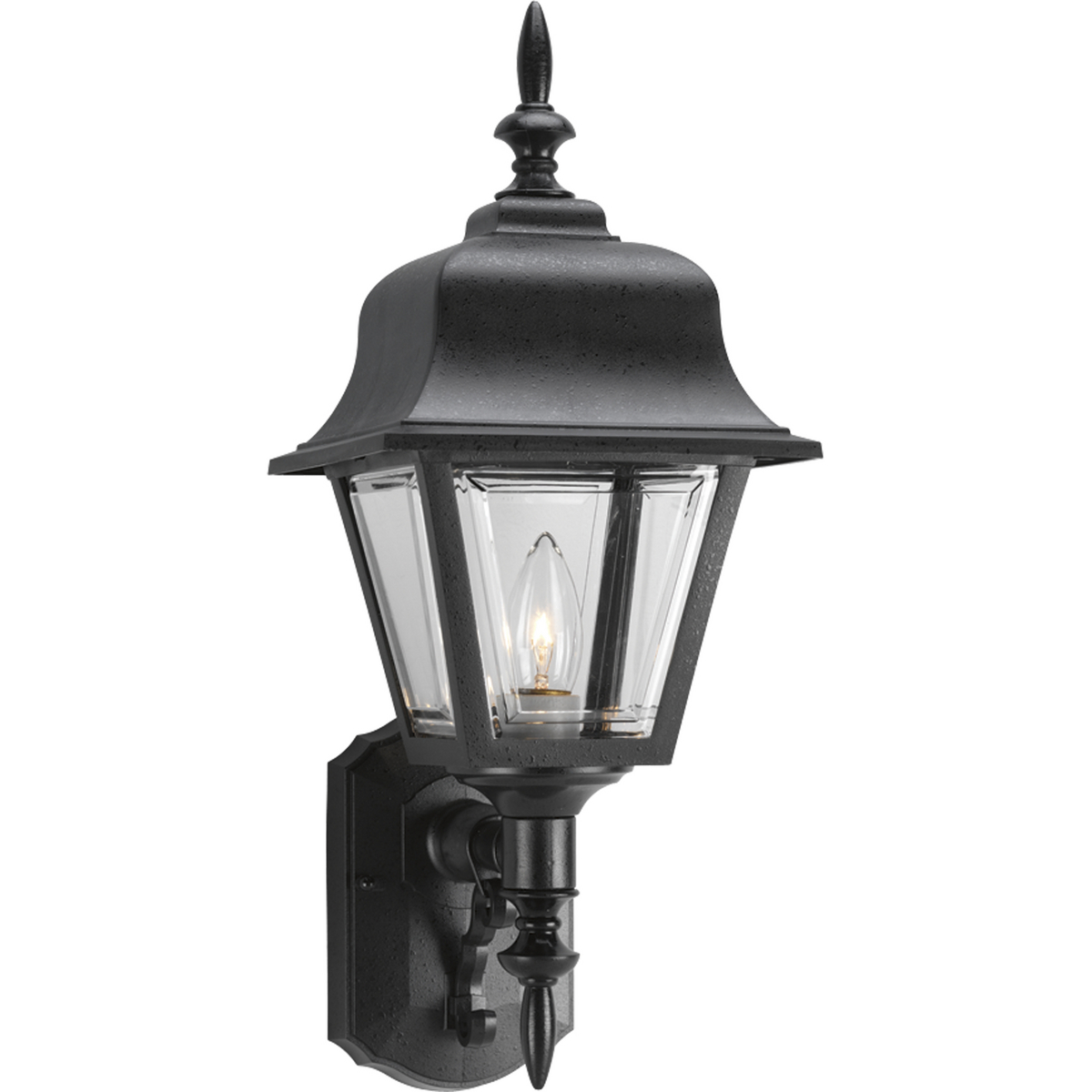Keep your front steps or porch well lit by installing this wall lantern. A simple black finish and clear, beveled acrylic panels make this a tasteful addition to your home. One-light outdoor wall lantern with clear, beveled acrylic panels and a Black finish.