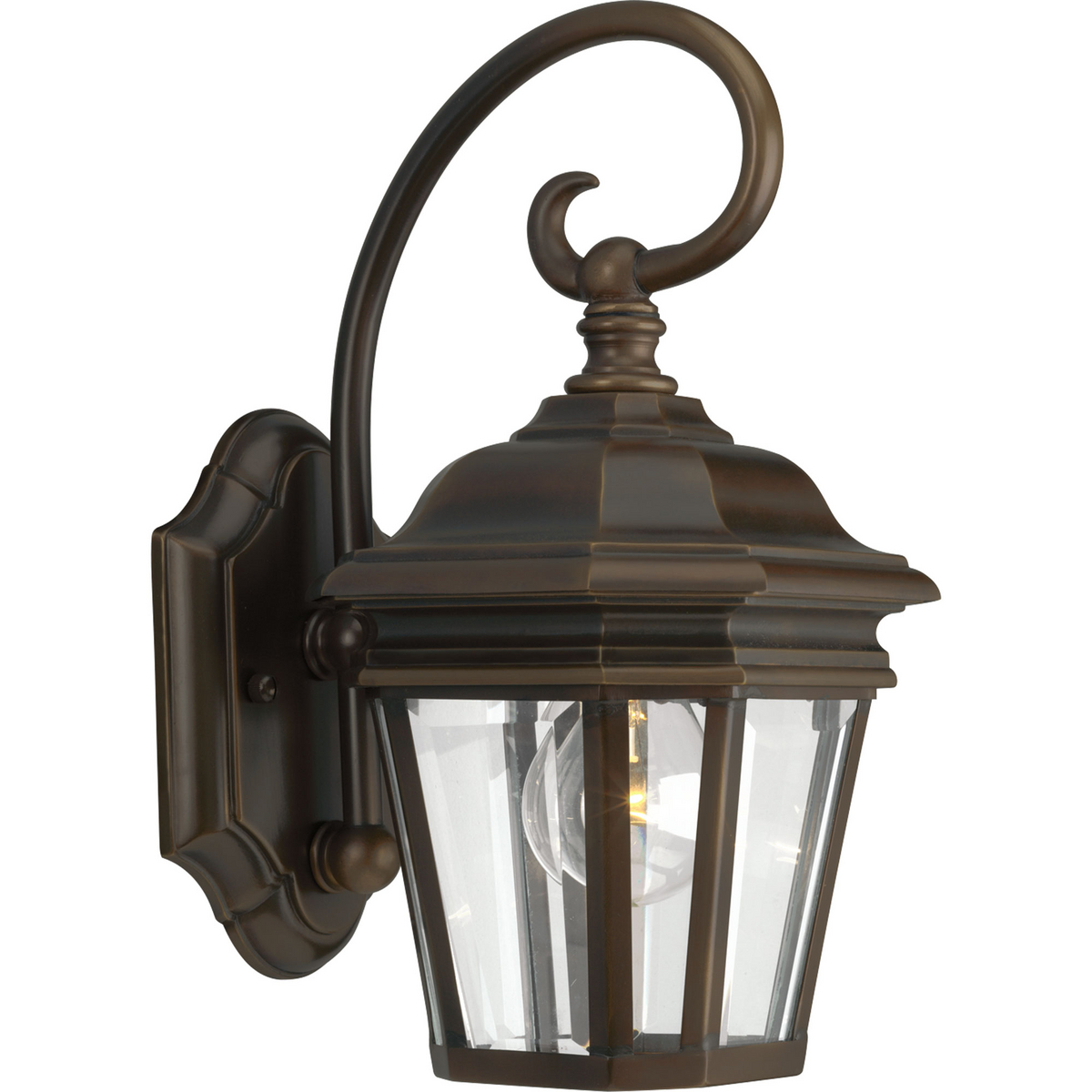 One-light wall lantern with clear beveled glass panels and scroll arm details.
