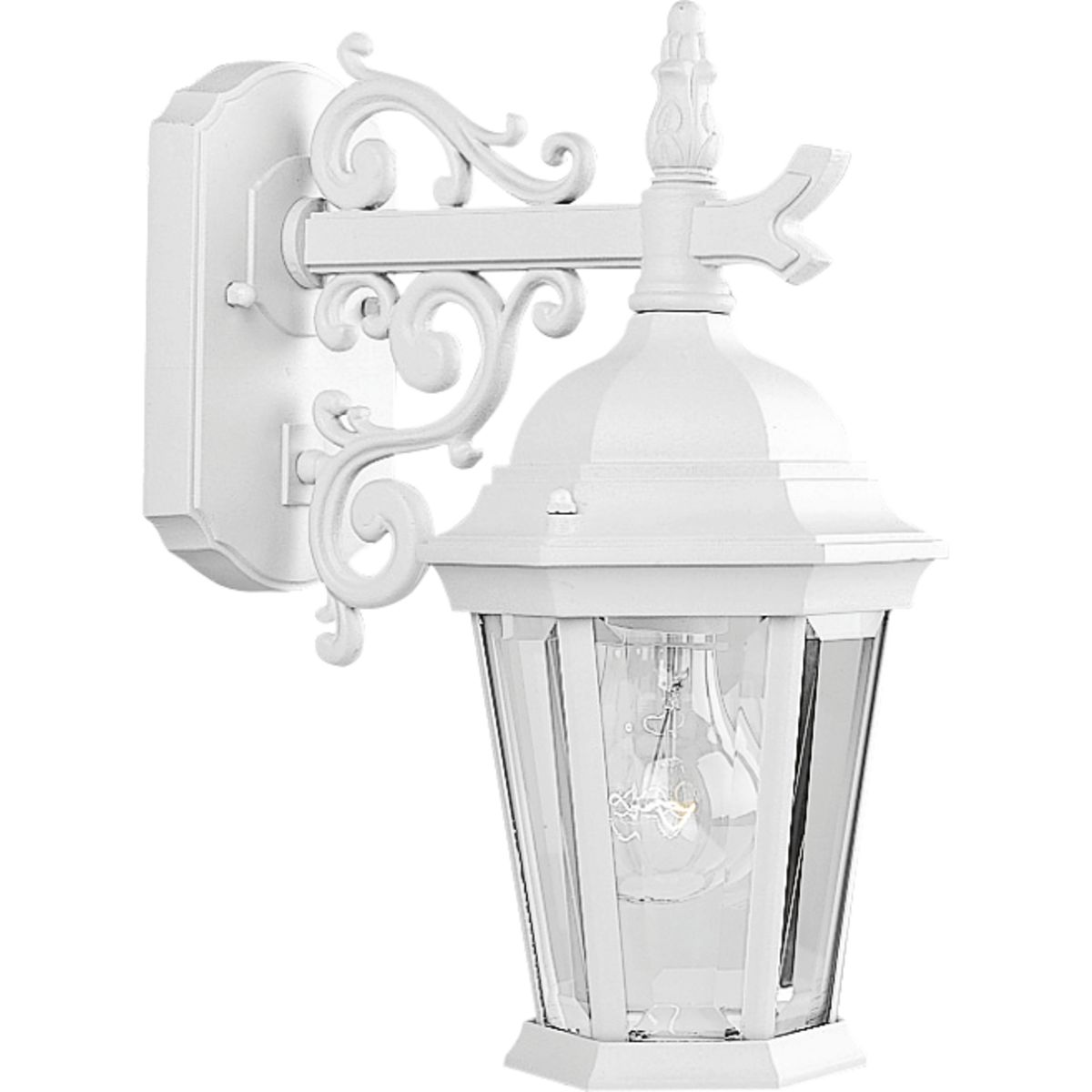 The Welbourne collection features hexagonal framework with vine inspired scrolls and clear beveled glass panels. Cast aluminum construction with durable powder coat finish. One-light 6-1/2 in top mount outdoor wall lantern.