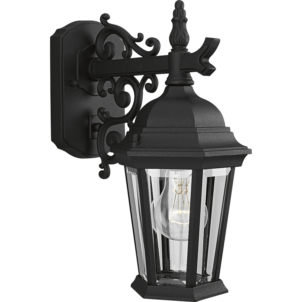 The Welbourne collection features hexagonal framework with vine inspired scrolls and clear beveled glass panels. Cast aluminum construction with durable powder coat finish. One-light 6-1/2 in  top mount outdoor wall lantern.