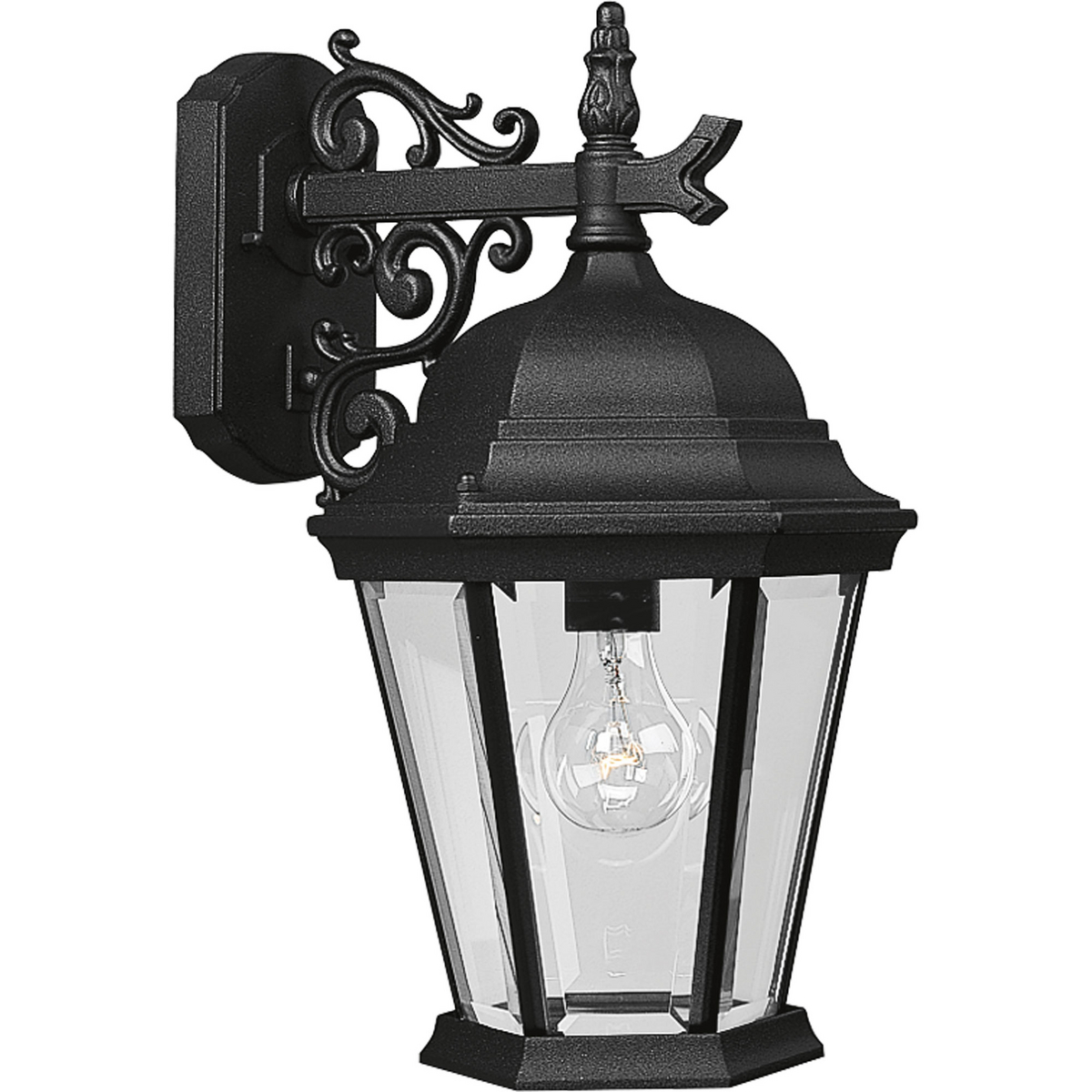 The Welbourne collection features hexagonal framework with vine inspired scrolls and clear beveled glass panels. Cast aluminum construction with durable powder coat finish. One-light 9-3/4 in outdoor wall lantern.