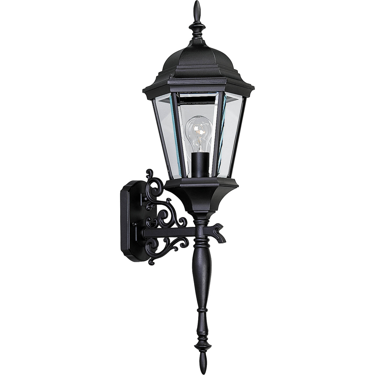 The Welbourne collection features hexagonal framework with vine inspired scrolls and clear beveled glass panels. Cast aluminum construction with durable powder coat finish. One-light wall lantern. Use with or without tail.