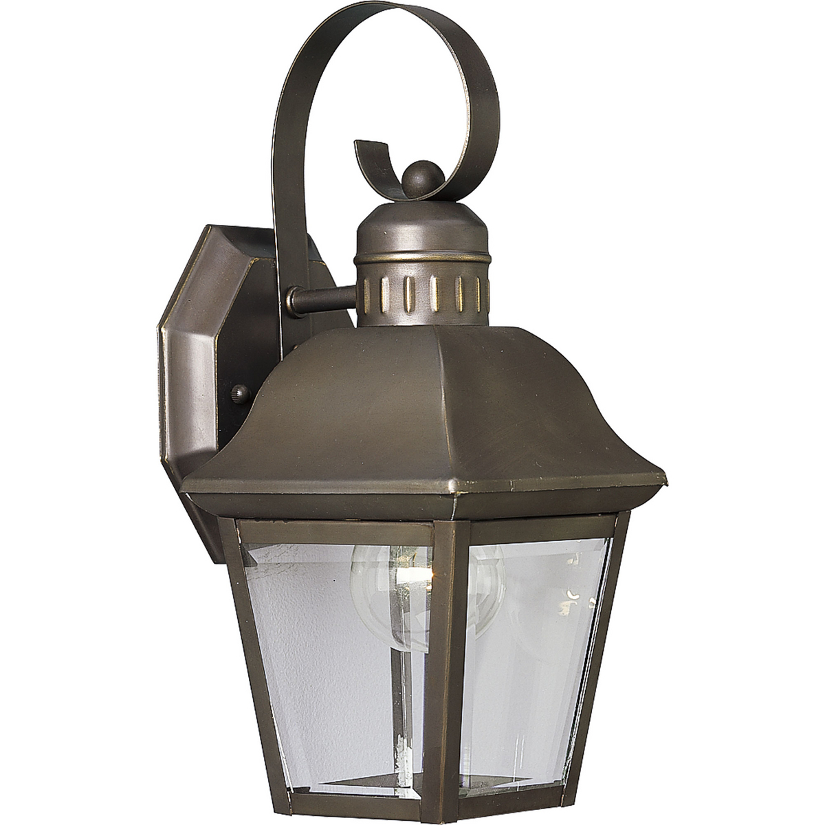 The Andover collection one-light small wall lantern with aluminum construction, offers a mixture of traditional and country style for a variety of applications. Beveled glass panels allow optimum brightness.