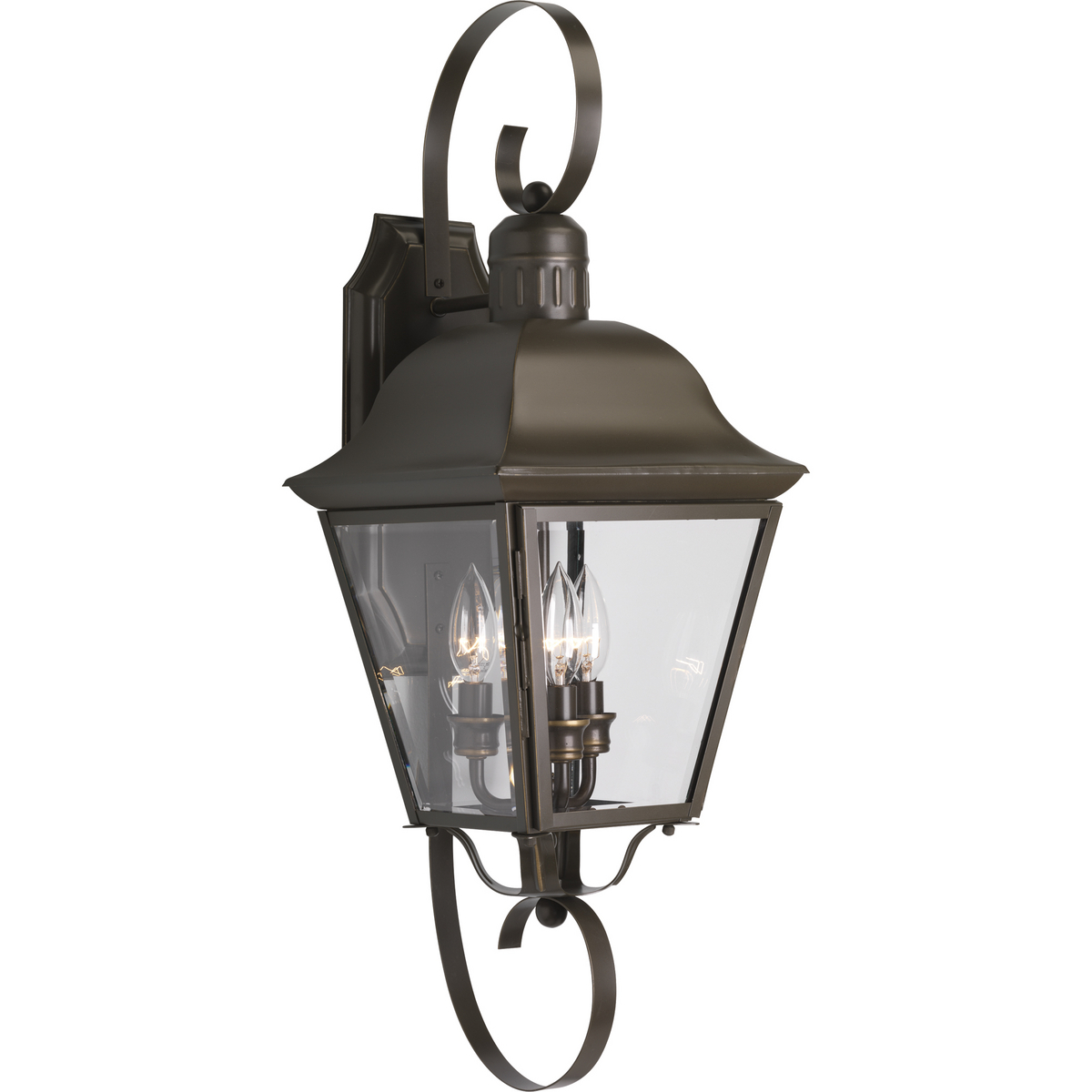 The Andover collection three-light large wall lantern with aluminum construction, offers a mixture of traditional and country style for a variety of applications. Beveled glass panels allow optimum brightness. Hinged door for easy relamping.