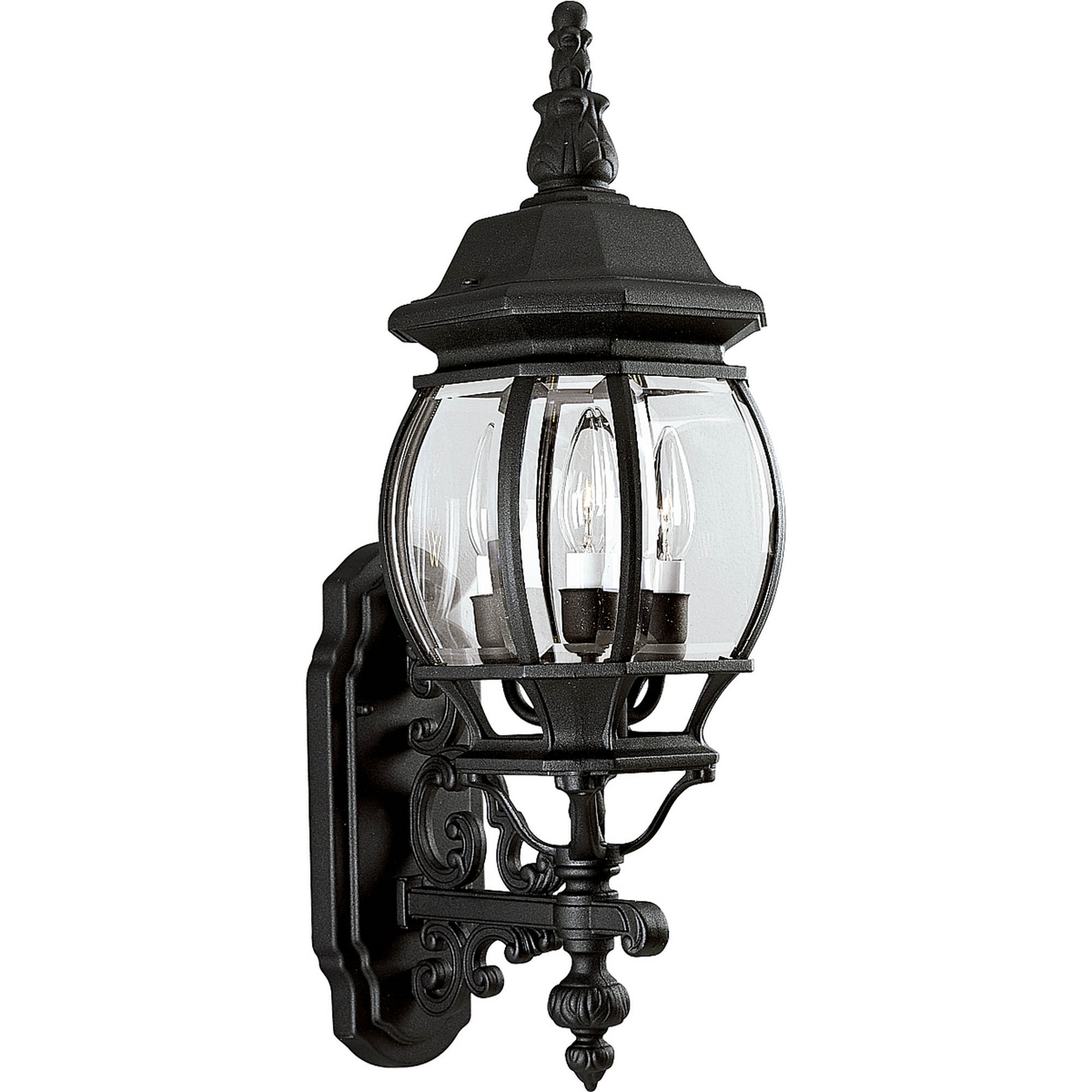 Detailed finials, end caps and scroll work in a durable power coat finish, featuring clear beveled glass panels and cast aluminum frames. Three-light wall lantern.