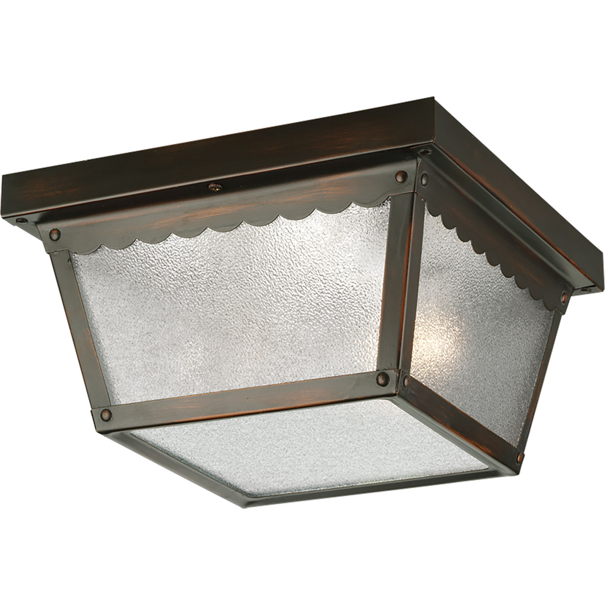 Two-light ceiling mount fixture with textured glass and scalloped edge detailing. Powder coat finish. Antique Bronze finish.