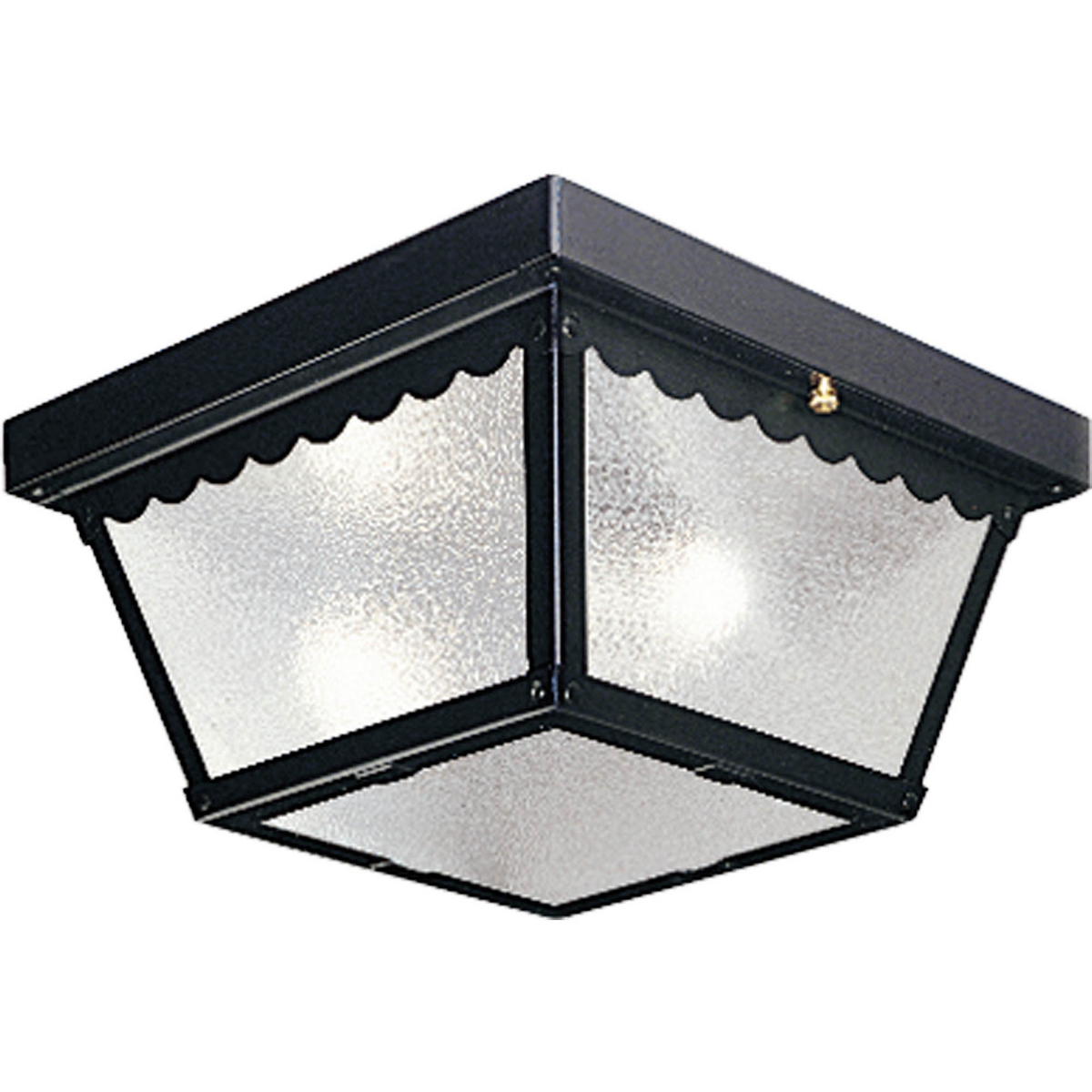 Two-light ceiling mount fixture with textured glass and scalloped edge detailing. Powder coat finish. Black finish.