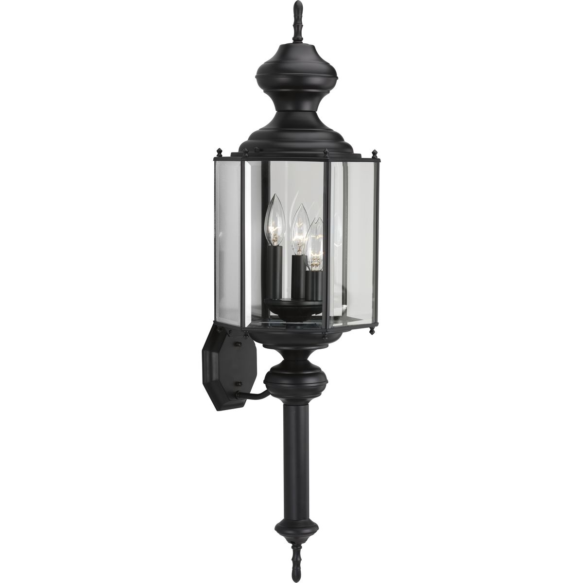 Solid brass hexagonal wall lantern with clear beveled glass panels and BrassGuard finish. Black finish. Wet location listed for outdoor use.