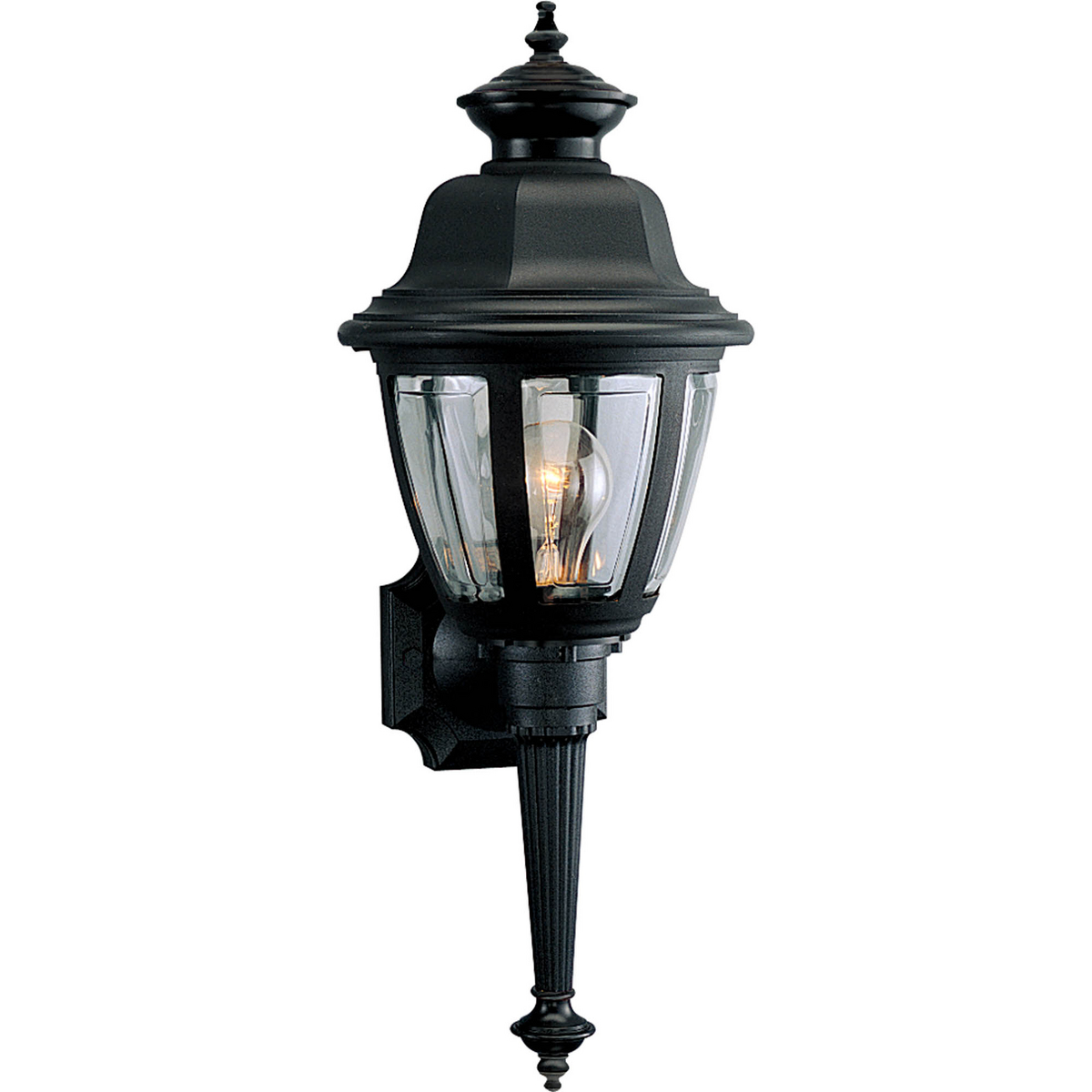 Outdoor one-light non-metallic wall torch with clear beveled acrylic panels in a Black finish.