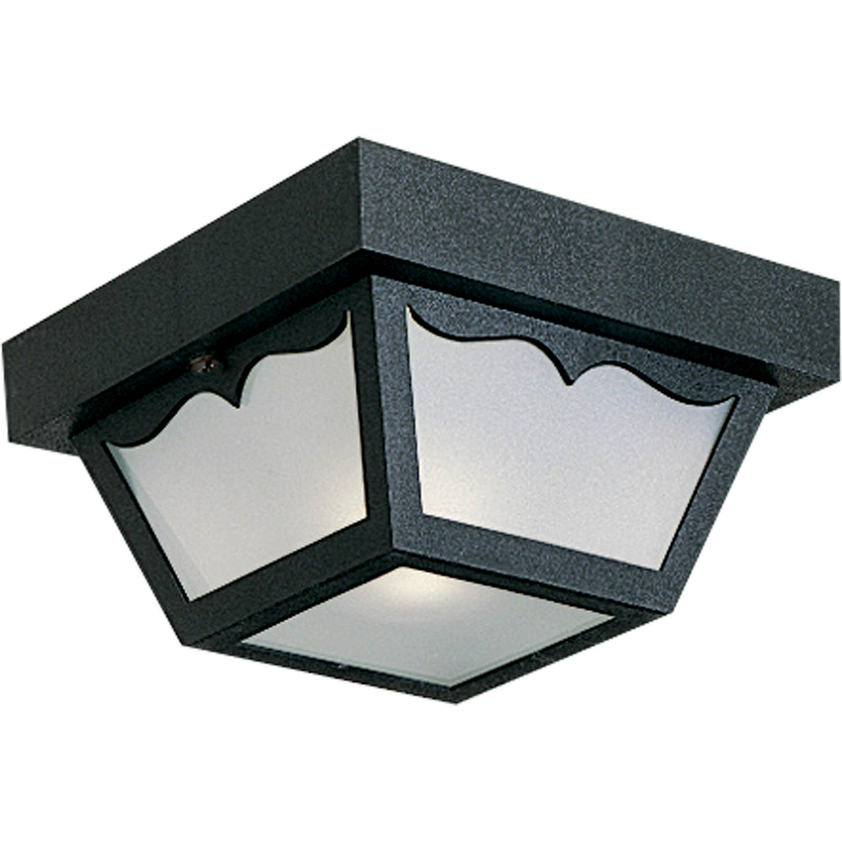 One-light non-metallic ceiling light with one-piece white acrylic diffuser and scalloped detail. Black finish.