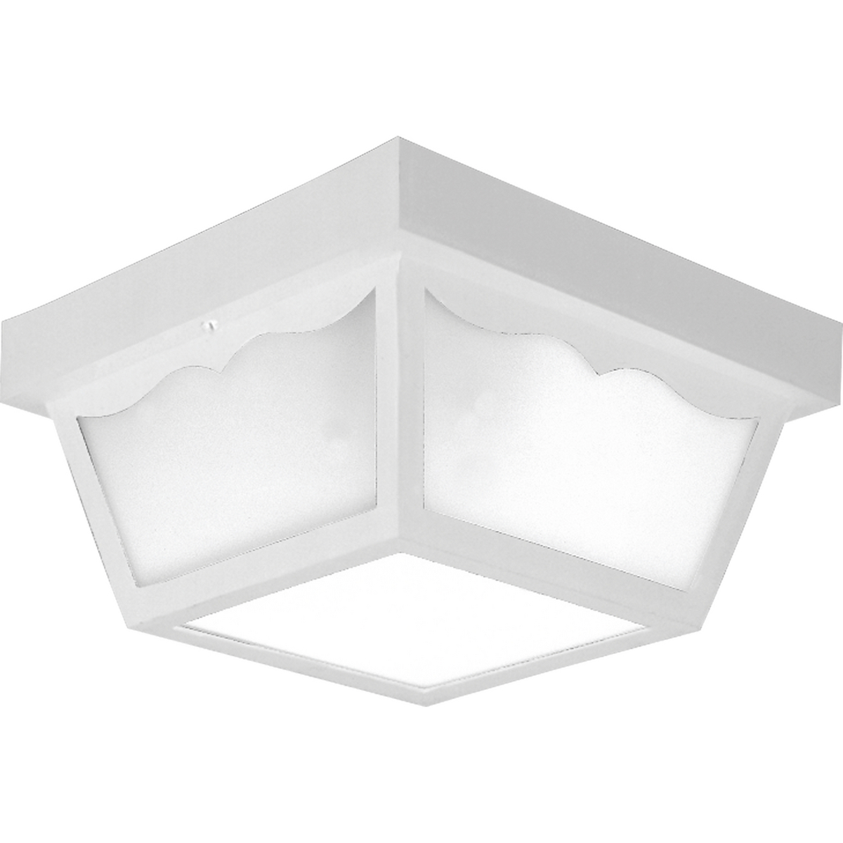 A white two-light non-metallic ceiling light featuring a one-piece, white acrylic diffuser. The fixture is complete with scalloped edge detailing to enhance any outdoor space.