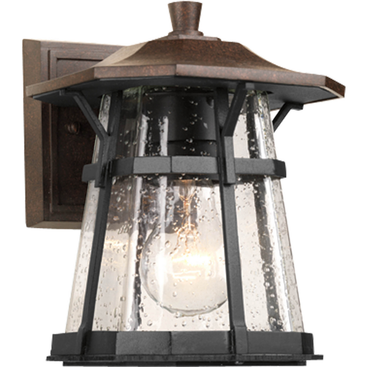 One-light small wall lantern from the Derby collection boasts a combination of Espresso and textured black powder coated finishes. The seeded glass diffuser is encased in the cast aluminum black from with the Espresso finish on the roof and back plate.