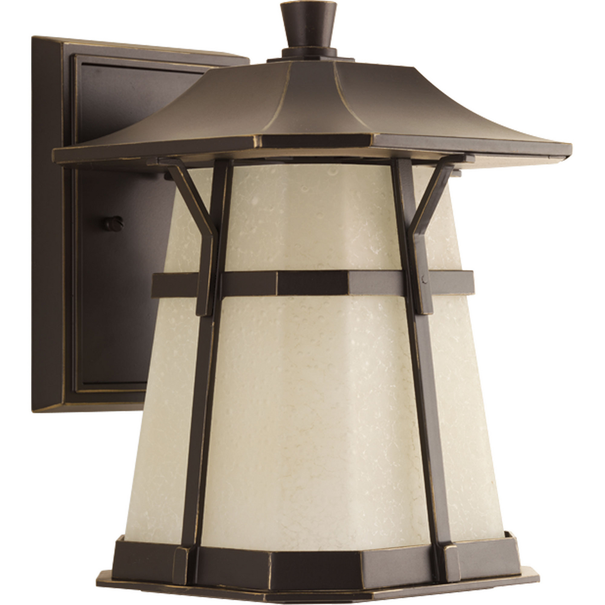 Craftsman styling marries traditional and rustic details. Artistic glass with die-cast aluminum powder coated finish. This one-light LED medium wall lantern is 3000K, 90+ CRI and 623 lumens (source).