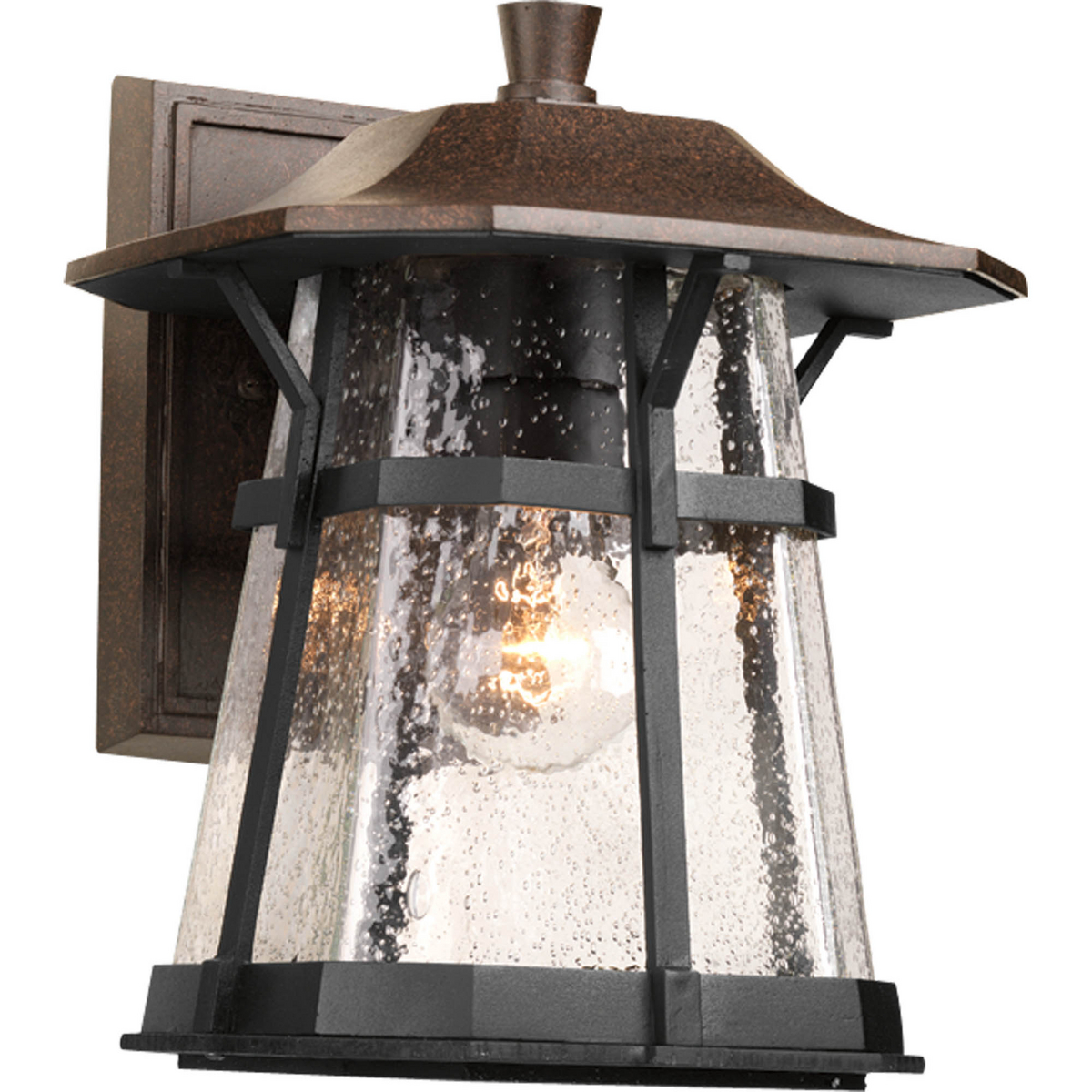 One-light medium wall lantern from the Derby collection boasts a combination of Espresso and textured black powder coated finishes. The seeded glass diffuser is encased in the cast aluminum black from with the Espresso finish on the roof and back plate.