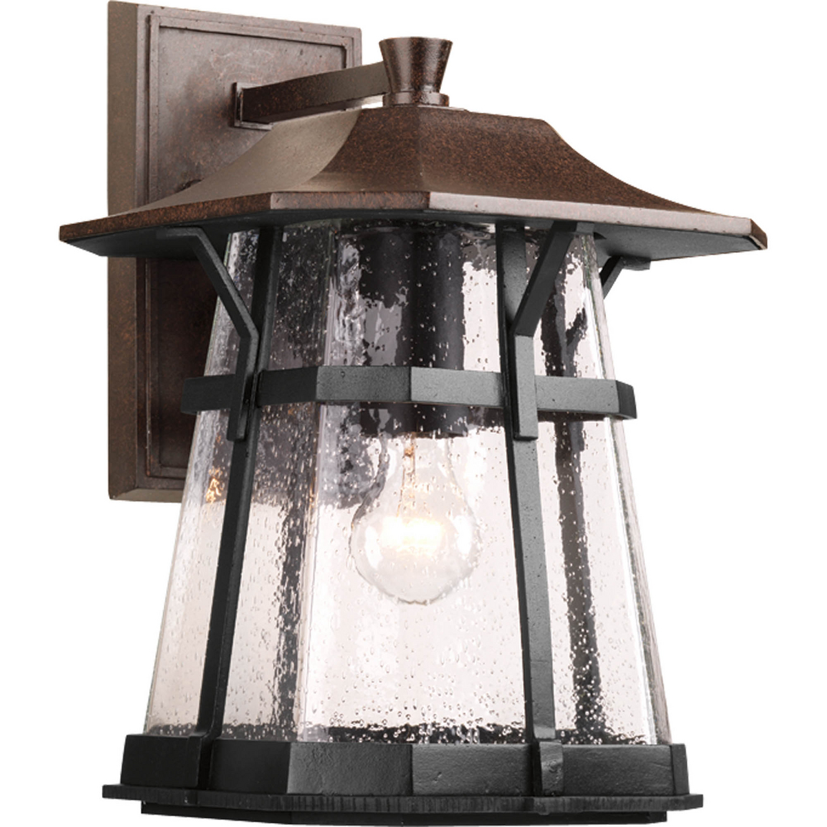 One-light large wall lantern from the Derby collection boasts a combination of Espresso and textured black powder coated finishes. The seeded glass diffuser is encased in the cast aluminum black from with the Espresso finish on the roof and back plate.