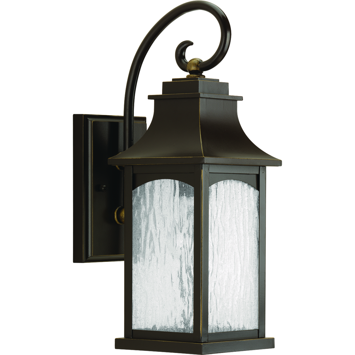 One-light small wall lantern in the Maison Collection offers traditional French country styling for a variety of home settings. Classic and formal clear water seeded glass complements the powder coat finish. Oil Rubbed Bronze finish.