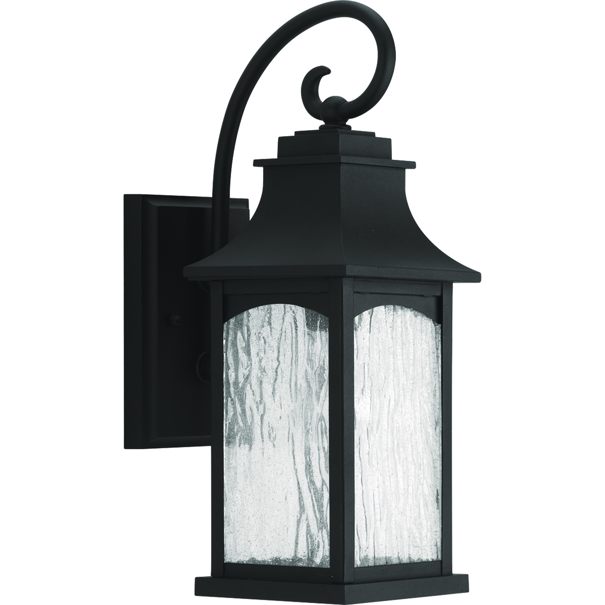 One-light small wall lantern in the Maison Collection offers traditional French country styling for a variety of home settings. Classic and formal clear water seeded glass complements the powder coat finish. Black finish.