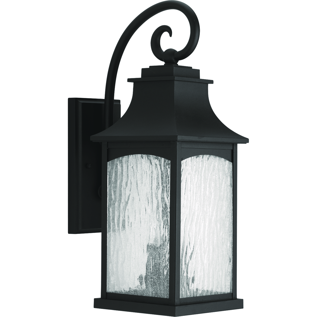 Two-light medium wall lantern in the Maison Collection offers traditional French country styling for a variety of home settings. Classic and formal clear water seeded glass complements the powder coat finish. Black finish.