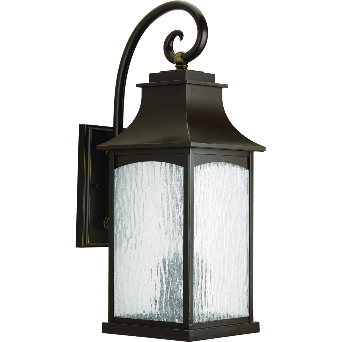 Three-light large wall lantern in the Maison Collection offers traditional French country styling for a variety of home settings. Classic and formal clear water seeded glass complements the powder coat finish. Oil Rubbed Bronze finish.