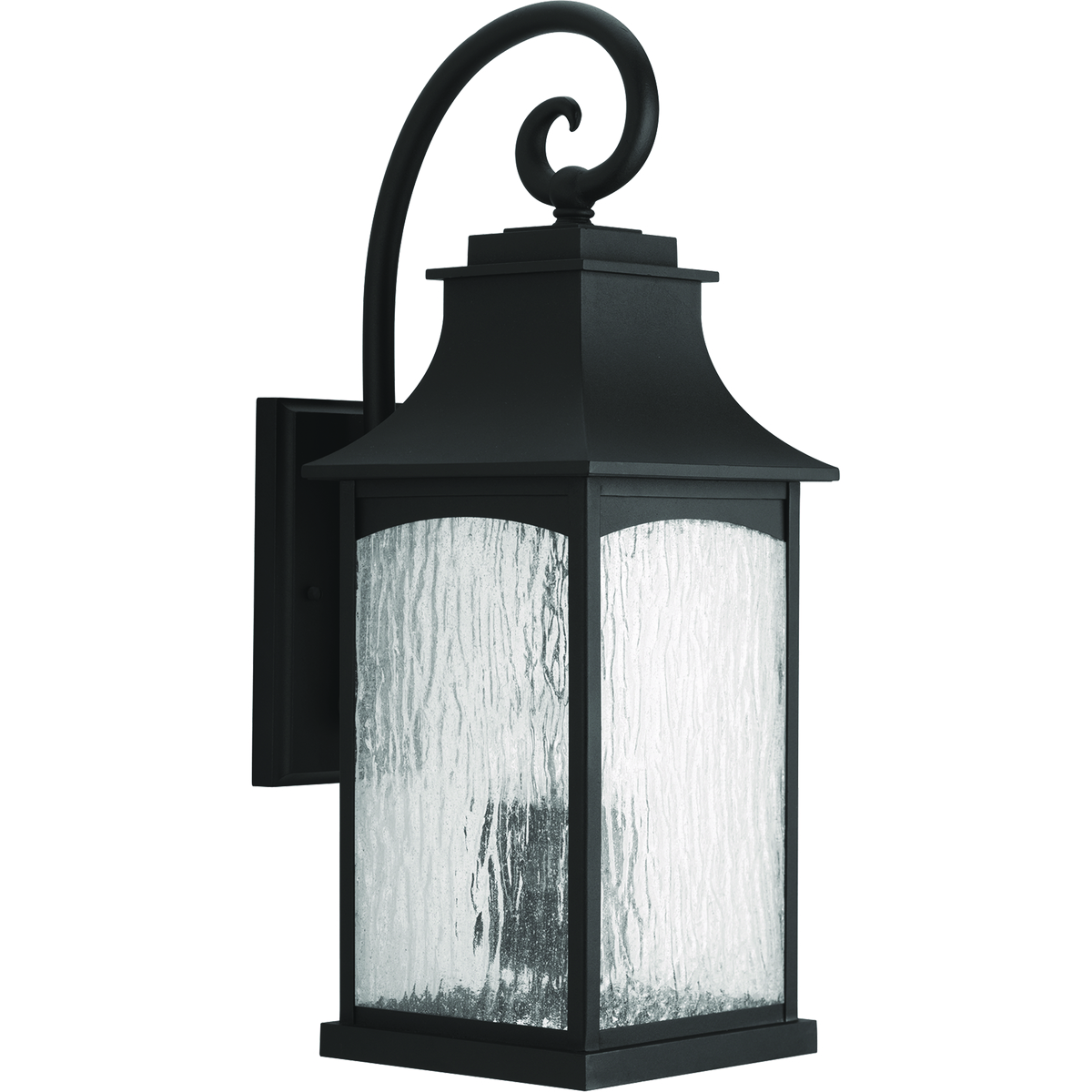 Three-light large wall lantern in the Maison Collection offers traditional French country styling for a variety of home settings. Classic and formal clear water seeded glass complements the powder coat finish. Black finish.