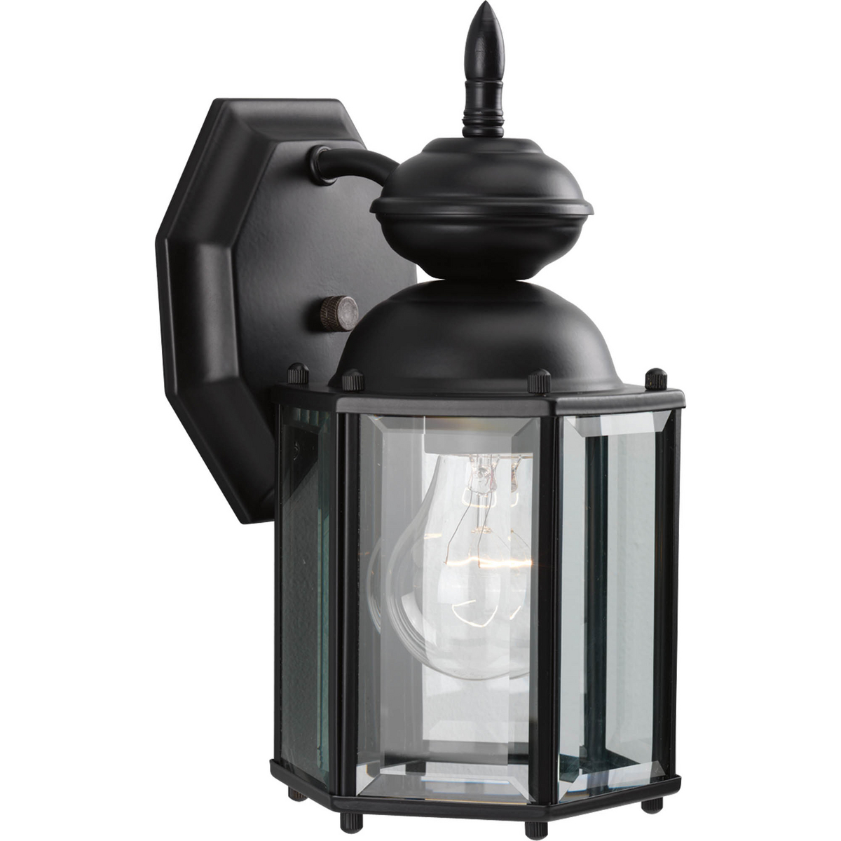 Brighten your outdoor space with style using this wall lantern. Featuring a classic design completed with clear beveled glass panels for ample lighting, this lamp boasts a beautiful brass finish for an appealing look. Solid brass wall lantern with clear beveled glass panels and an open bottom. Black finish.