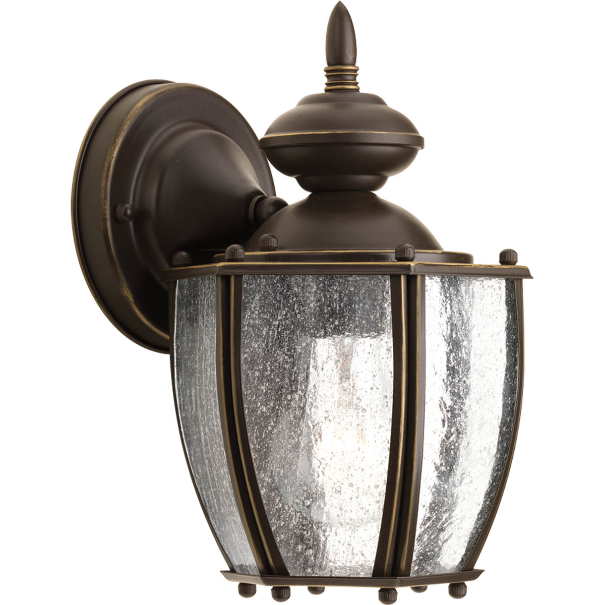 Solid one-light 6 in small wall lantern in rich weathered finish is complemented by seeded glass panels - a great choice for low maintenance and years of enjoyment. Antique Bronze finish.