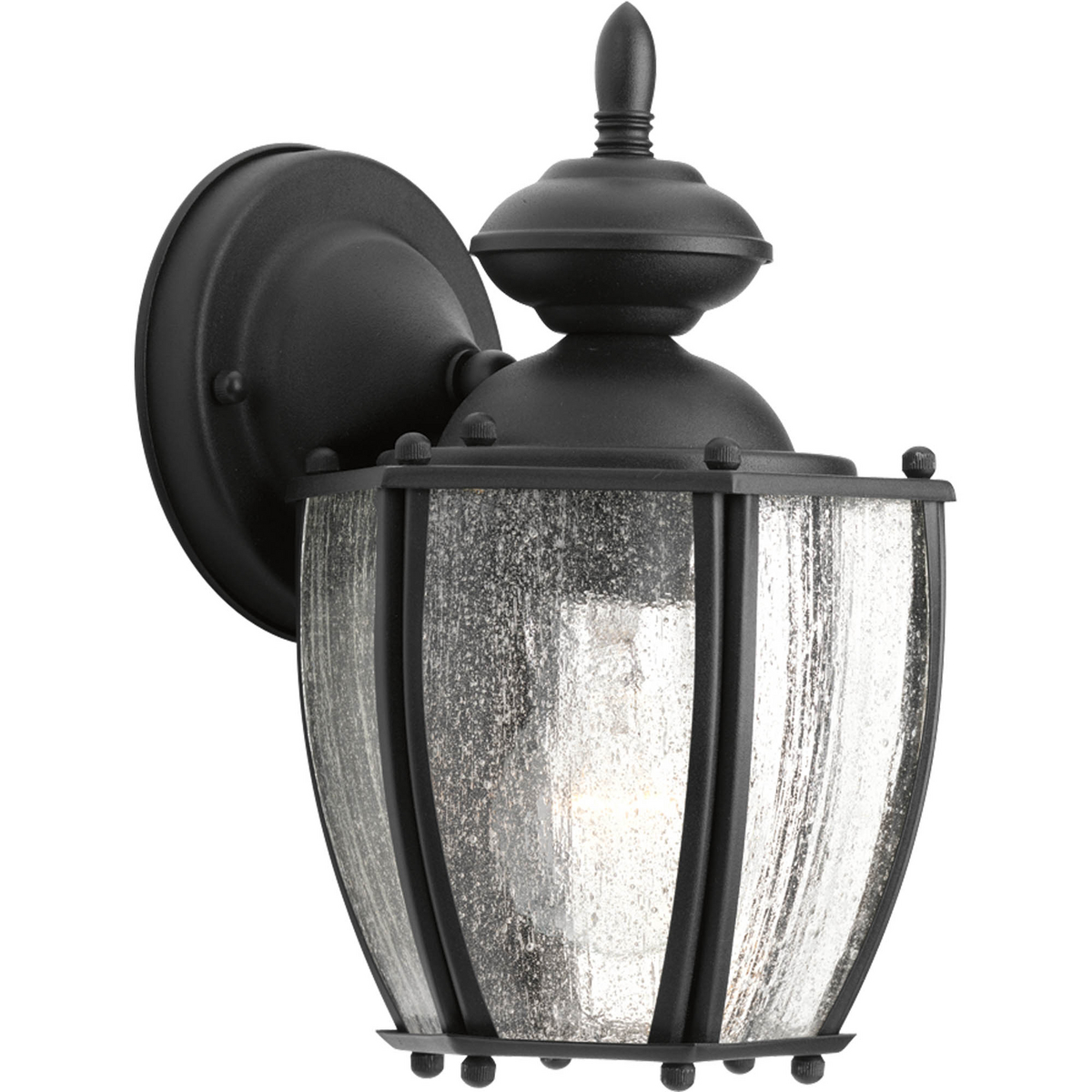 Solid one-light 6 in small wall lantern in rich weathered finish is complemented by seeded glass panels - a great choice for low maintenance and years of enjoyment. Black finish.