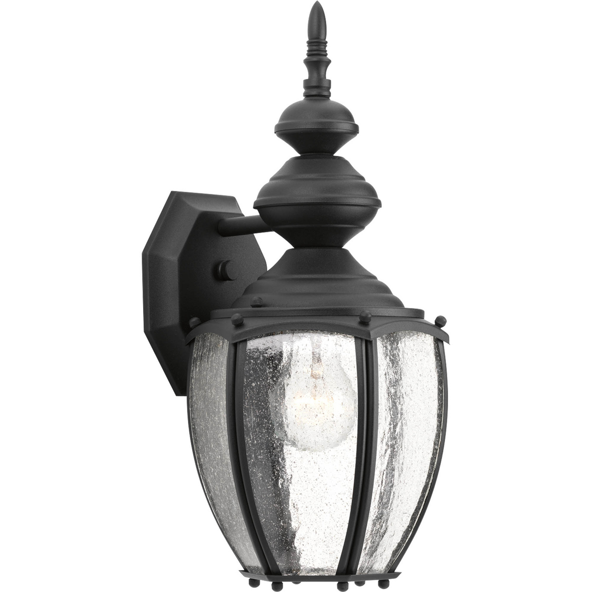 Solid one-light 7 in medium wall lantern in rich weathered finish is complemented by seeded glass panels - a great choice for low maintenance and years of enjoyment. Black finish.