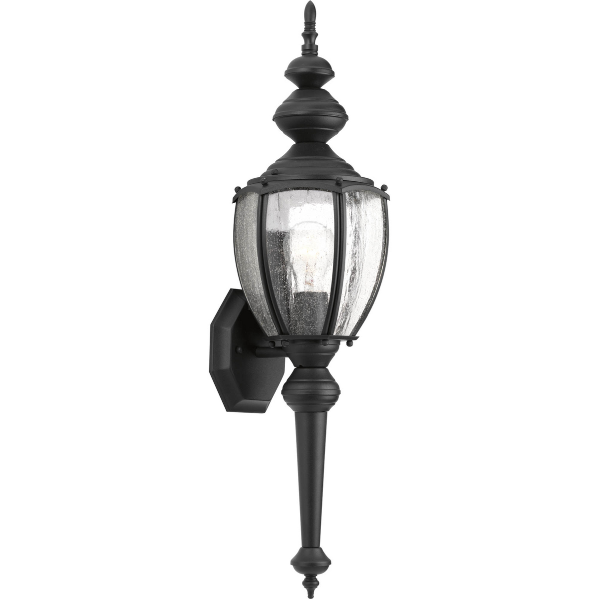 Solid one-light 7 in medium wall lantern in rich weathered finish is complemented by seeded glass panels - a great choice for low maintenance and years of enjoyment. Can be used with or without tail. Black finish.