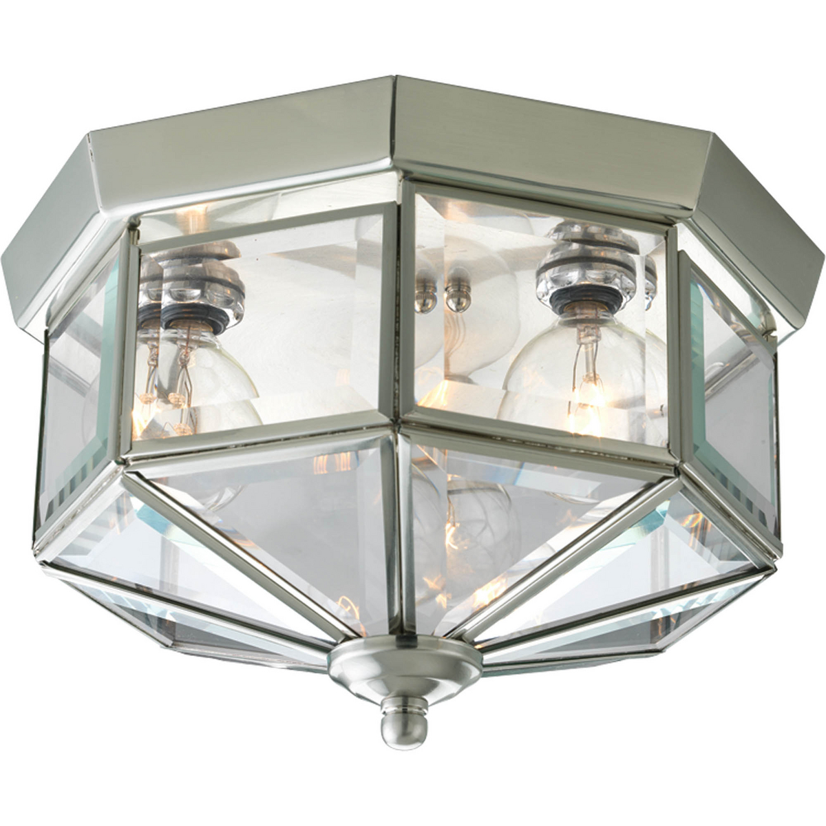 Three-light octagonal close-to-ceiling fixture with clear, bound beveled glass. Solid brass construction. G-lamps recommended. Traditional styling perfect for halls, closets, porches, laundry rooms, bedroom. Brushed Nickel finish.