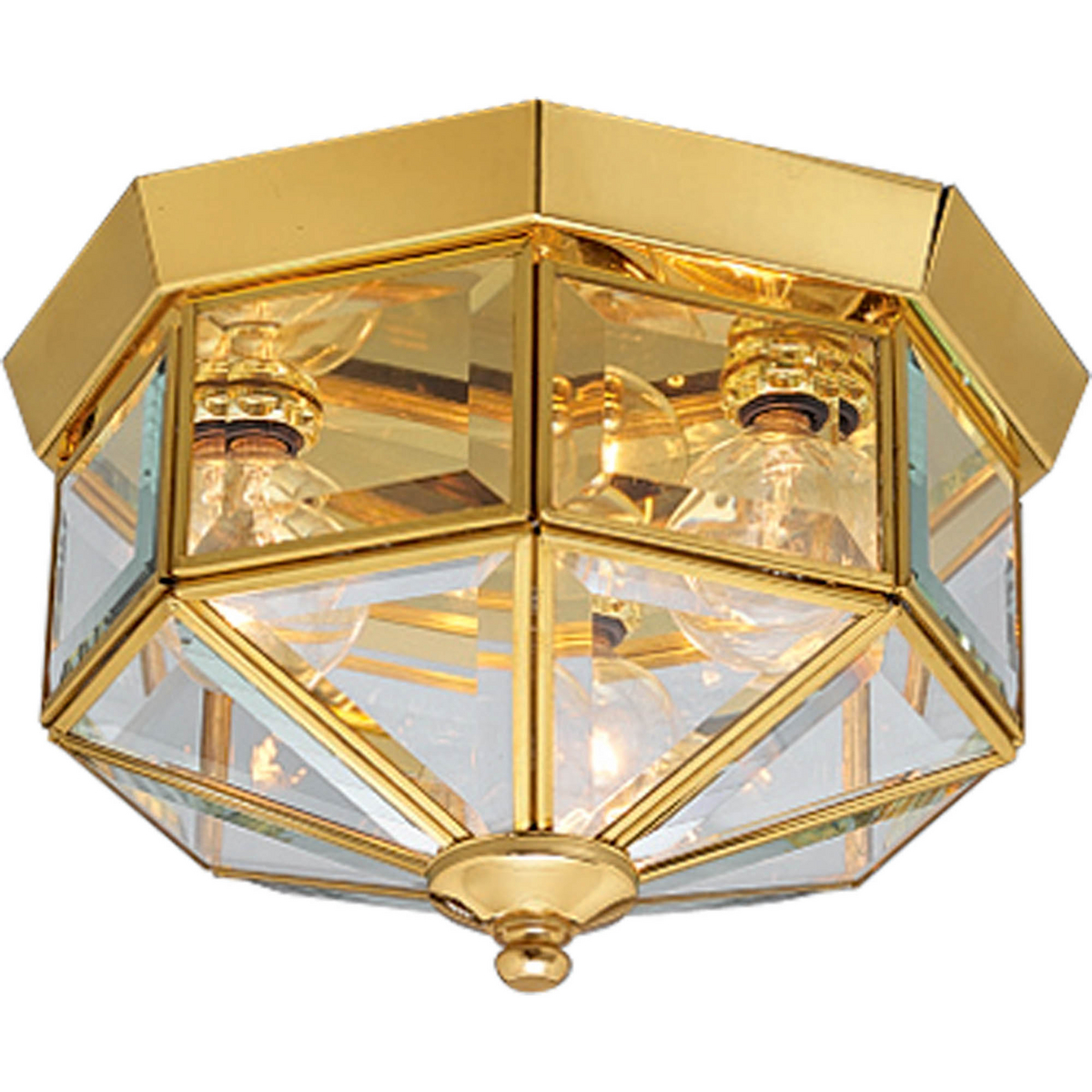 Three-light octagonal close-to-ceiling fixture with clear, bound beveled glass. Solid brass construction. G-lamps recommended. Traditional styling perfect for halls, closets, porches, laundry rooms, bedroom. Polished Brass finish.